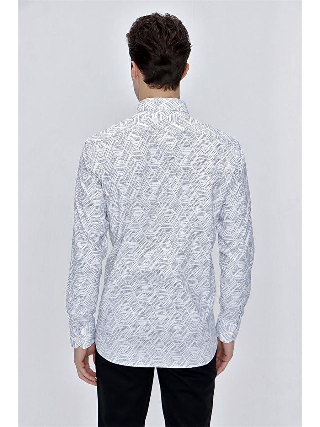 Gri Uzun Kol Baskılı Düğmeli Yaka Cepli Comfort Fit Rahat Kesim Klasik Gömlek 1004225201-6