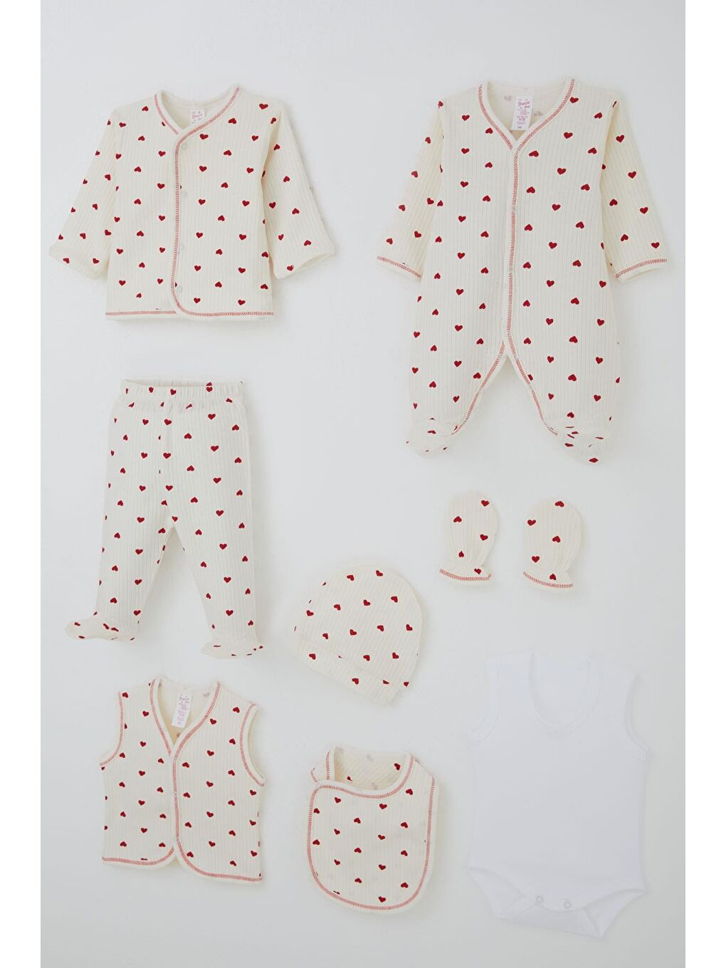 Kız Bebek Hastane Çıkışı 8 Li Kalp Desenli Ekru (0-3 Ay)-1