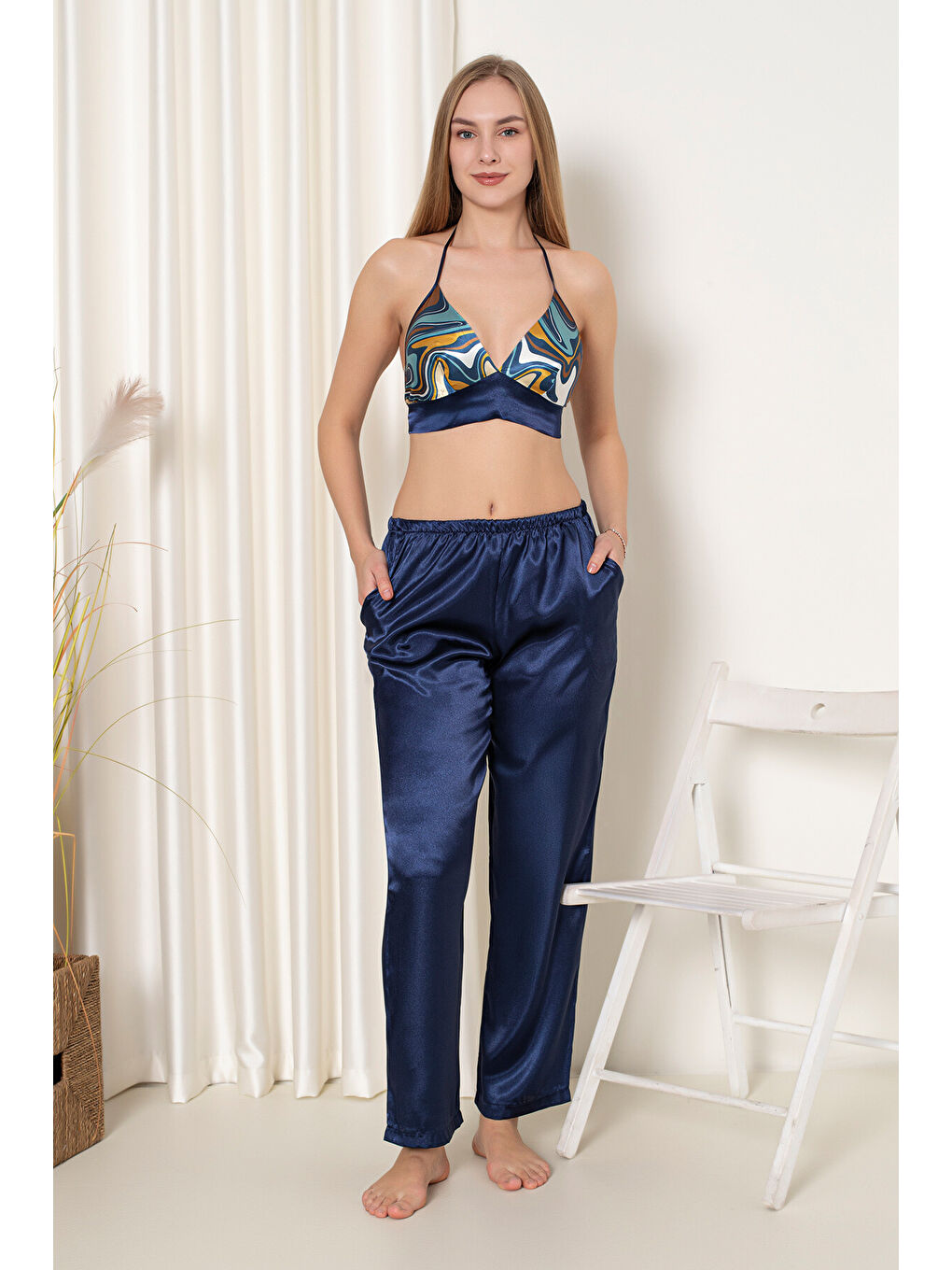 Lacivert Saten Büstiyer Gecelik Takım-1