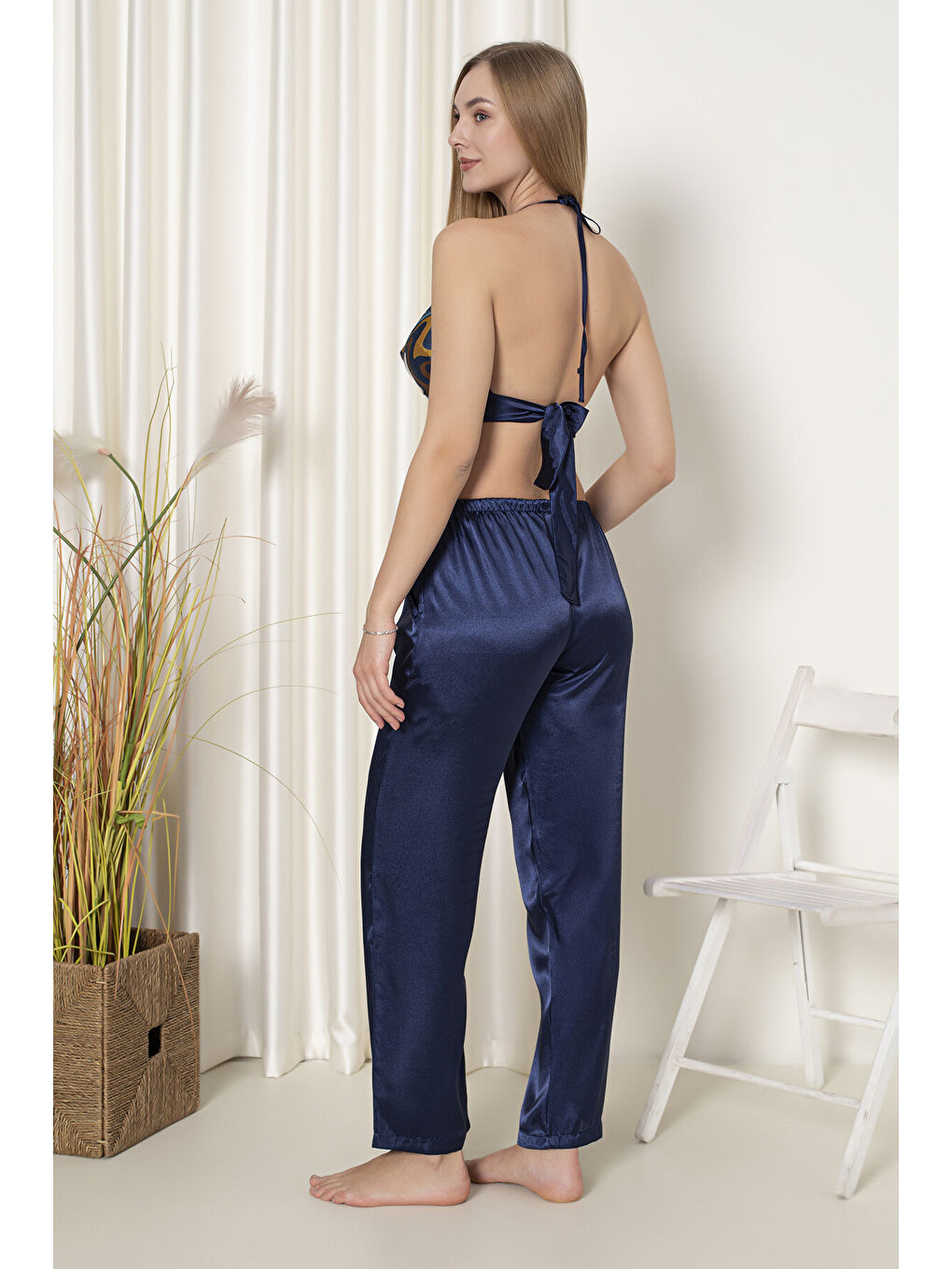 Lacivert Saten Büstiyer Gecelik Takım-2