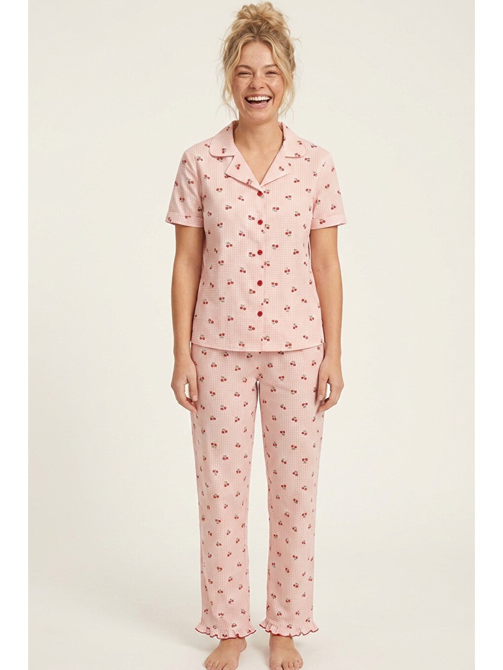 Pembe İnce Soft Örme Mevsimlik Düğmeli Pijama Takımı 8043-1