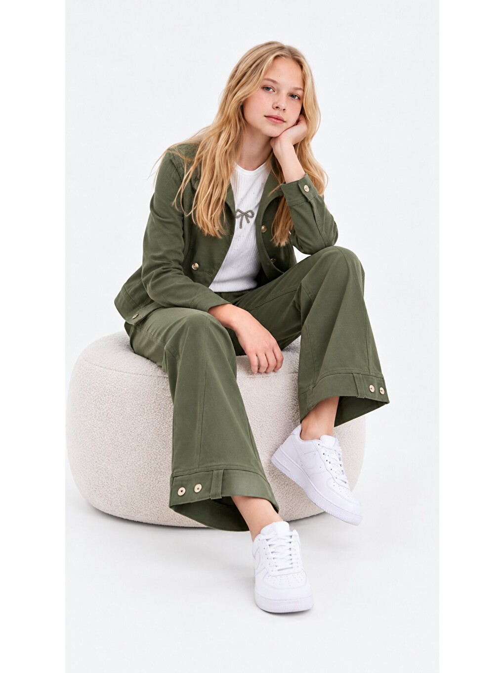 Haki Şıklık Ve Konfor Bir Arada | Kız Çocuk Gabardin Ceket Pantolon Takım-3