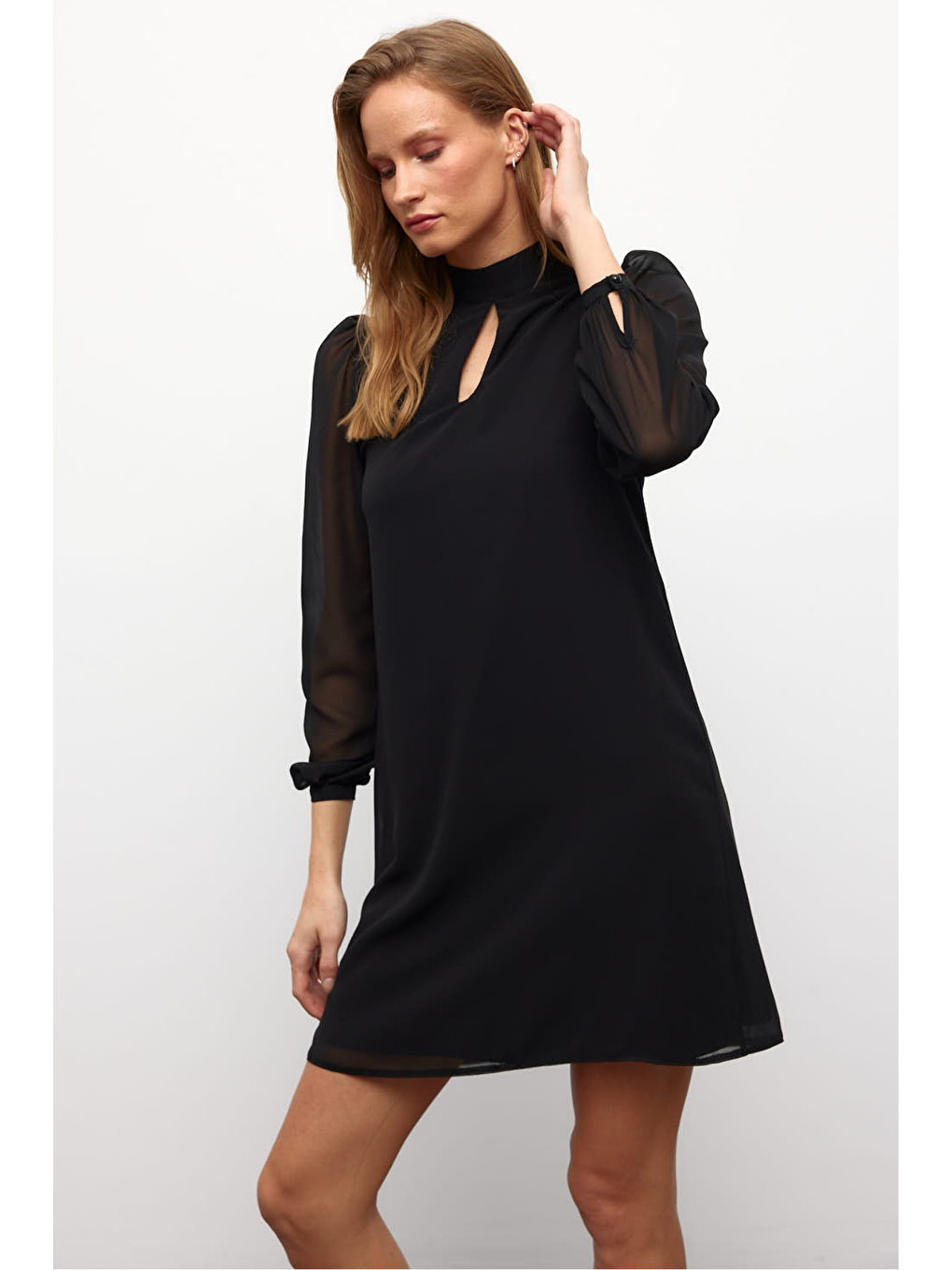 Muni Muni Düz Renk Uzun Kollu Astarlı Şifon Elbise-Siyah-1