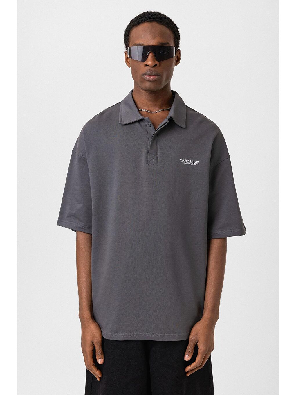 Gri Polo Yaka Oversize Tişört Füme-2