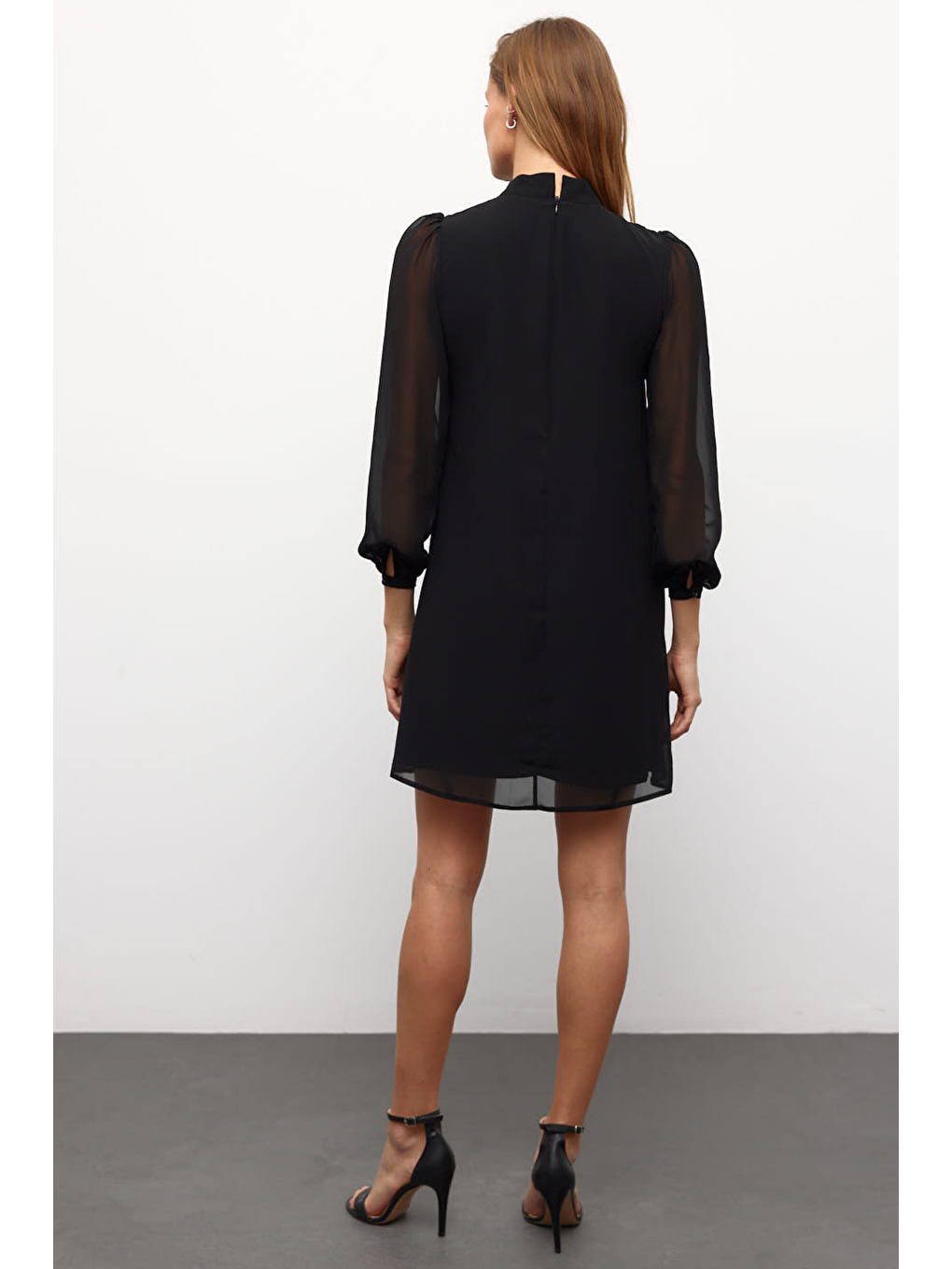 Muni Muni Düz Renk Uzun Kollu Astarlı Şifon Elbise-Siyah-2