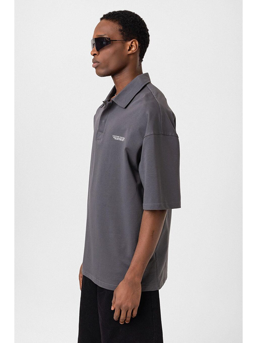 Gri Polo Yaka Oversize Tişört Füme-3