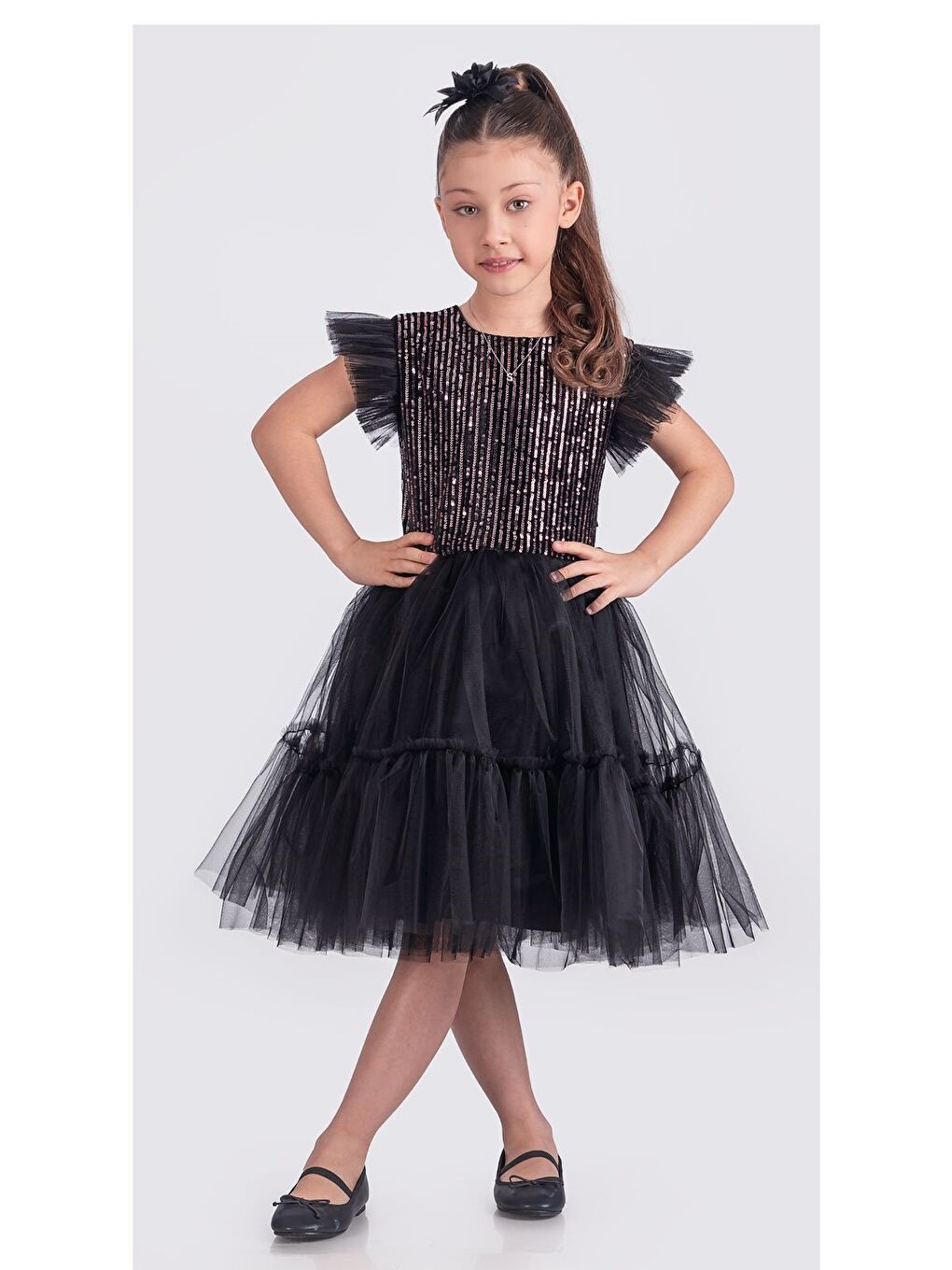 Siyah Pul Payet Katkat Tütü Etekli Kız Çocuk Elbise M00722-1