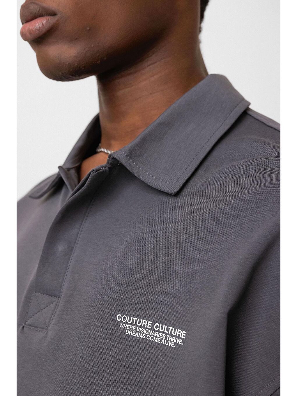 Gri Polo Yaka Oversize Tişört Füme-5