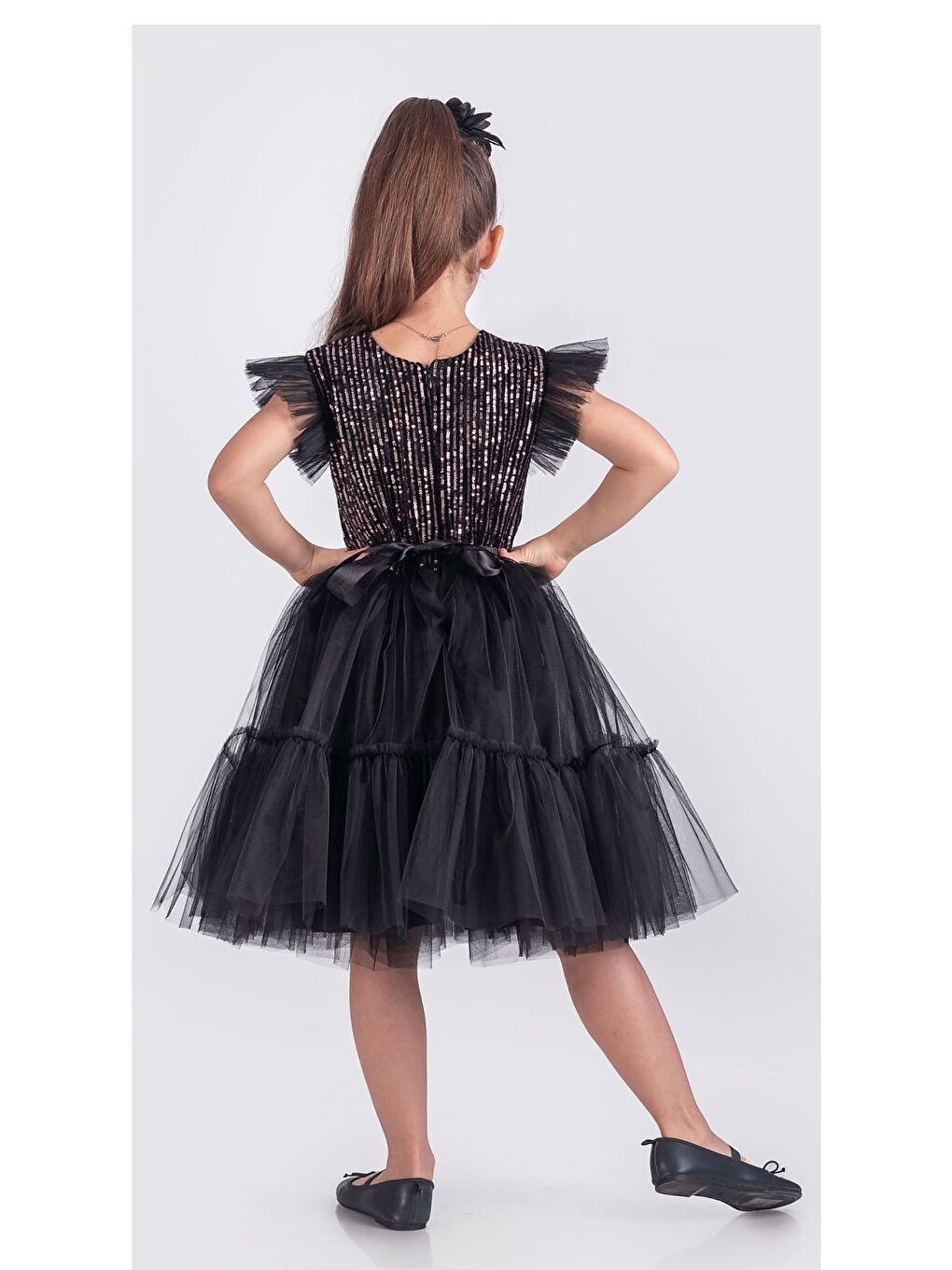 Siyah Pul Payet Katkat Tütü Etekli Kız Çocuk Elbise M00722-5