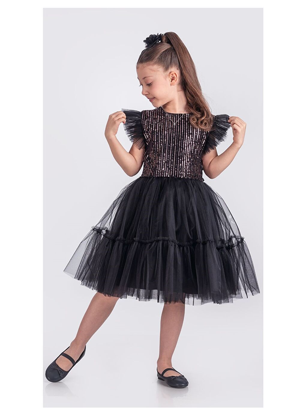 Siyah Pul Payet Katkat Tütü Etekli Kız Çocuk Elbise M00722-6