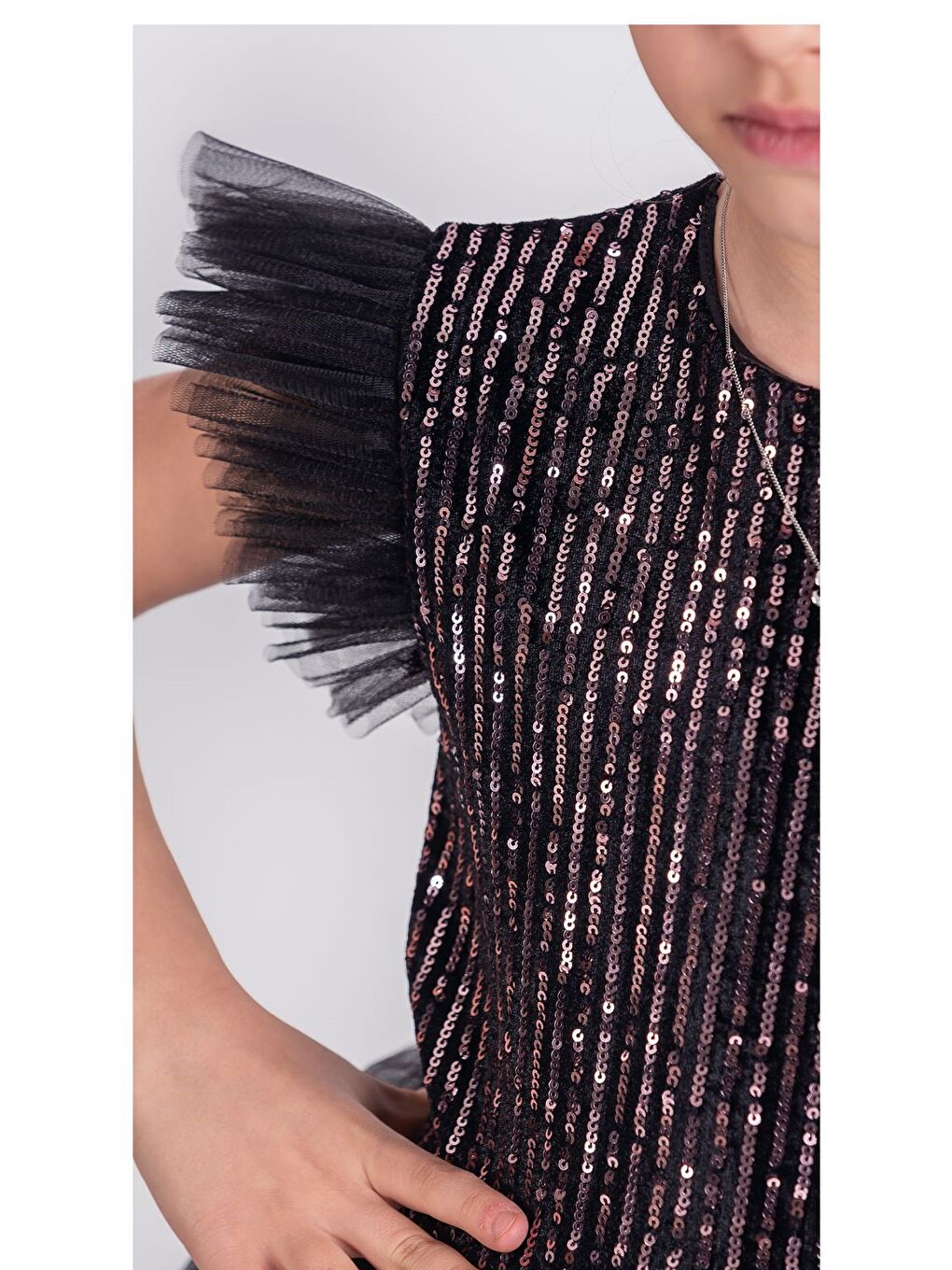 Siyah Pul Payet Katkat Tütü Etekli Kız Çocuk Elbise M00722-7