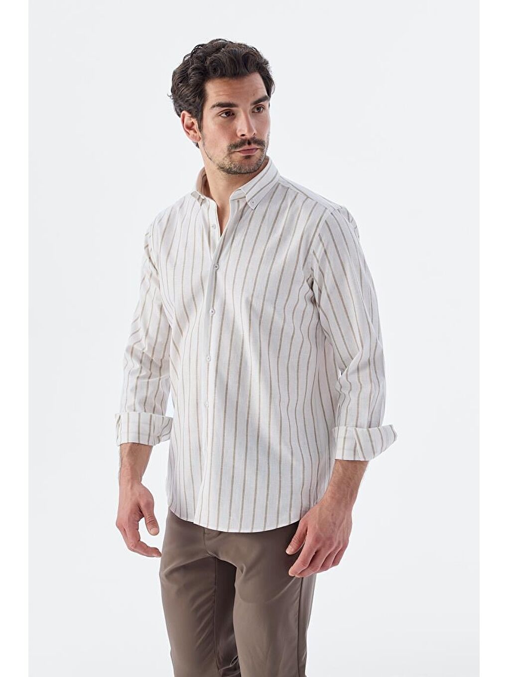 Bej Comfort Fit Çizgili Pamuklu Keten Gömlek-1