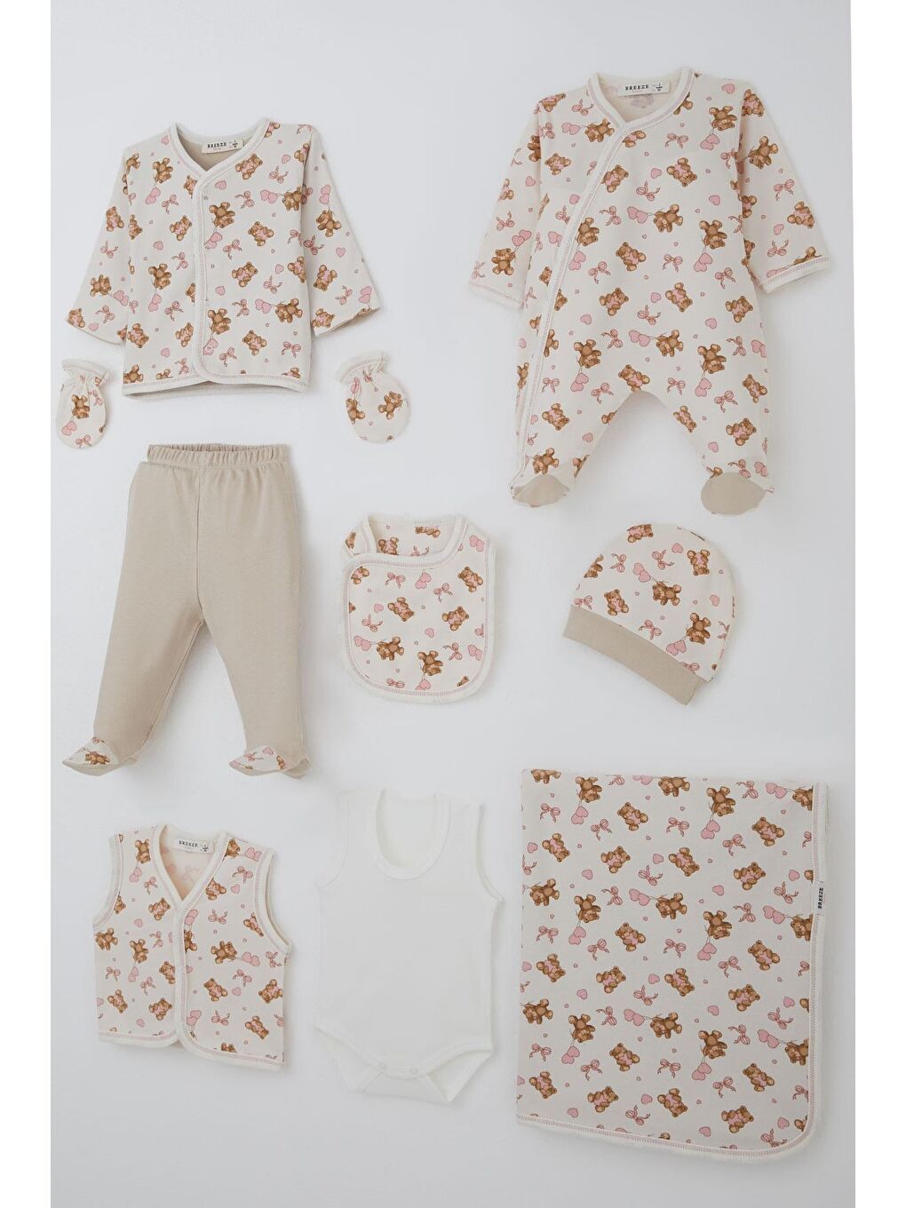 Kız Bebek Hastane Çıkışı 8 Li Sevimli Balonlu Ayıcık Desenli Ekru (0-3 Ay)-1