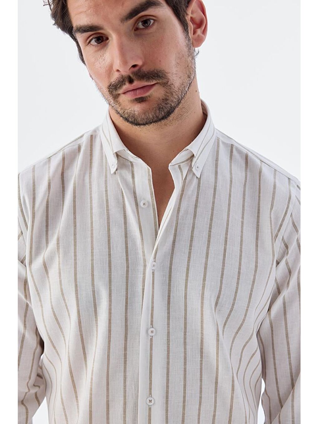 Bej Comfort Fit Çizgili Pamuklu Keten Gömlek-2