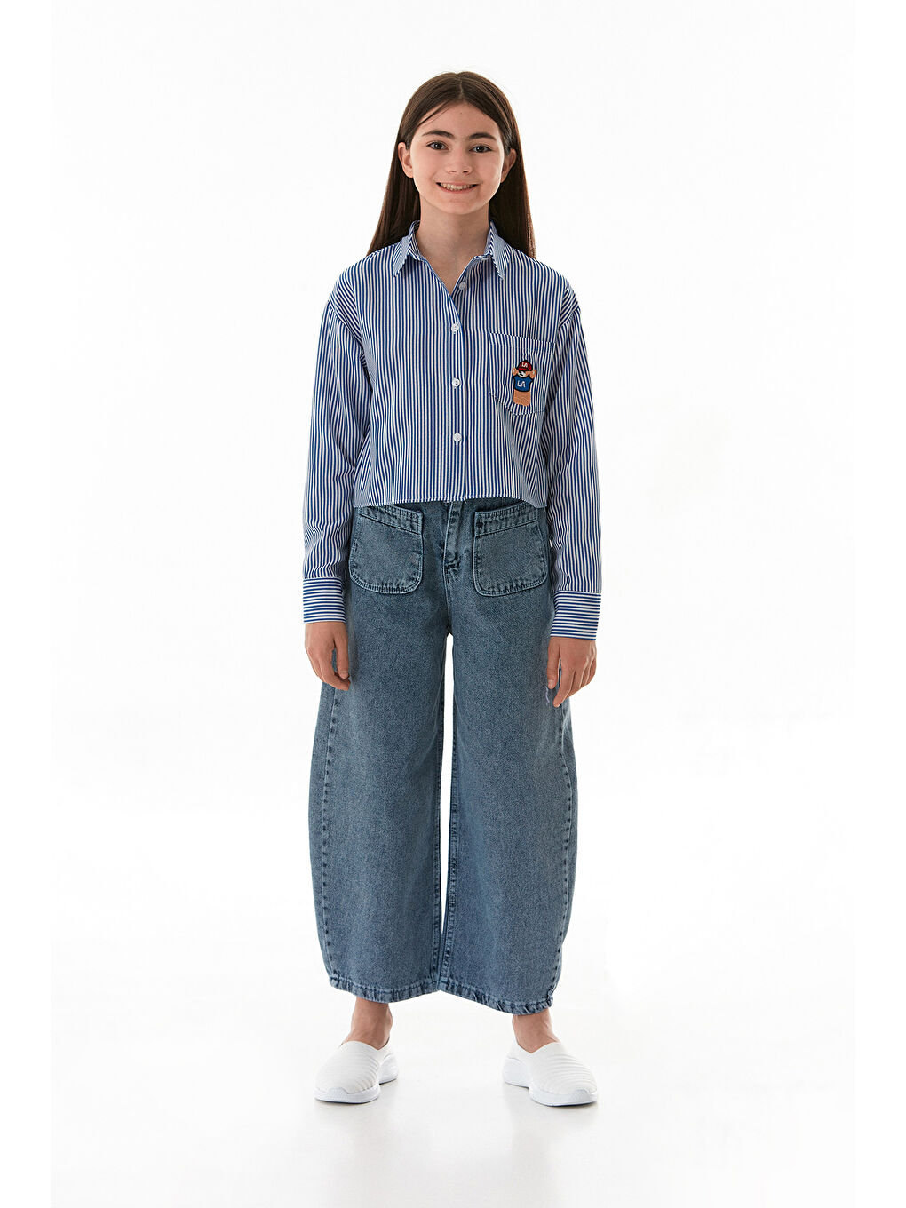 Mavi Çift Cepli Kız Çocuk Baggy Pantolon