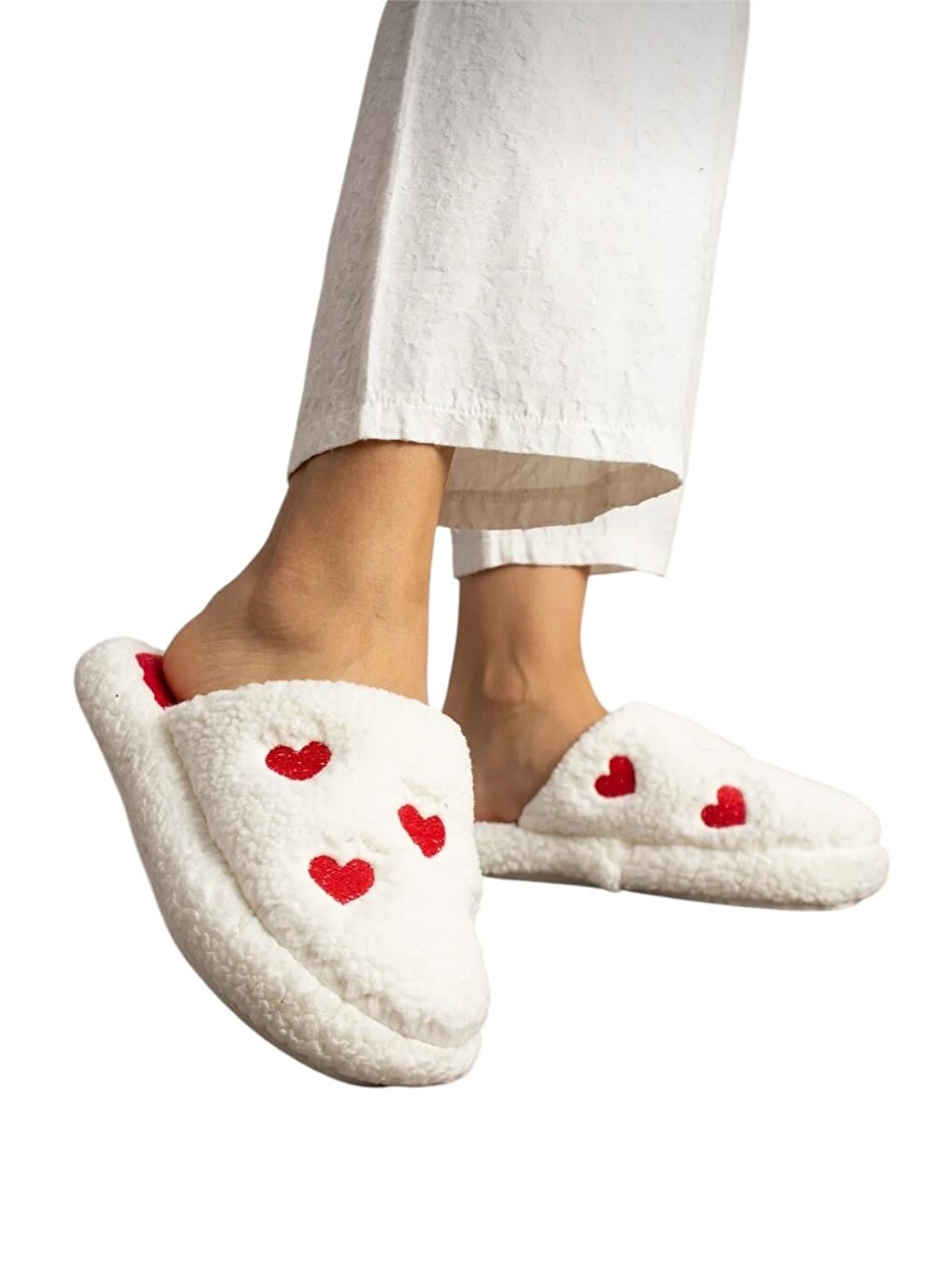 Kadın Pofuduk Nakışlı Ev Terliği Çeyiz Bohça Terliği Valentine's Day Beyaz - Kirmizi-1