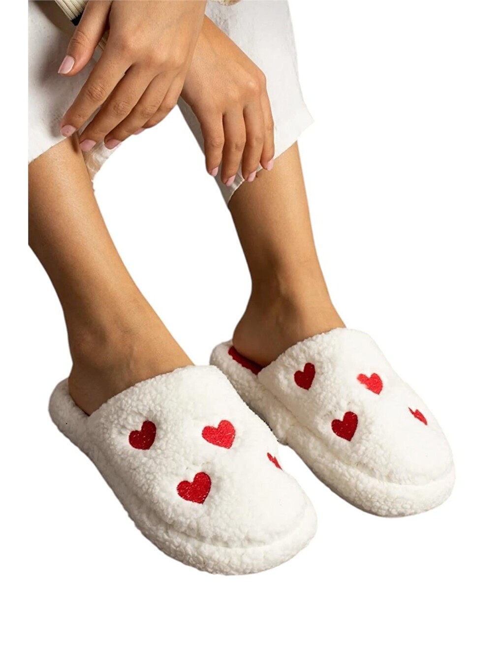 Kadın Pofuduk Nakışlı Ev Terliği Çeyiz Bohça Terliği Valentine's Day Beyaz - Kirmizi-2