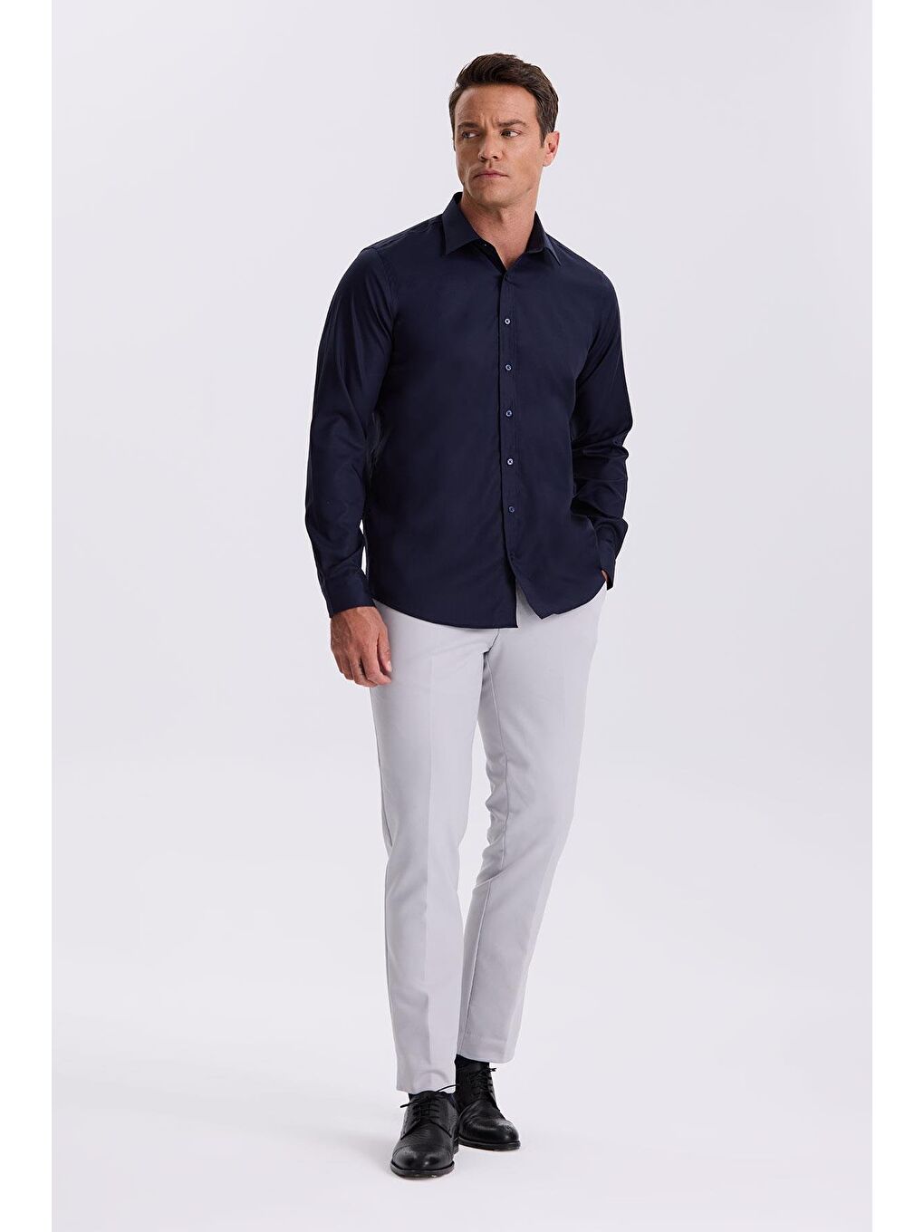 Lacivert Comfort Fit Ütü Gerektirmeyen %100 Pamuk Non İron Gömlek-1