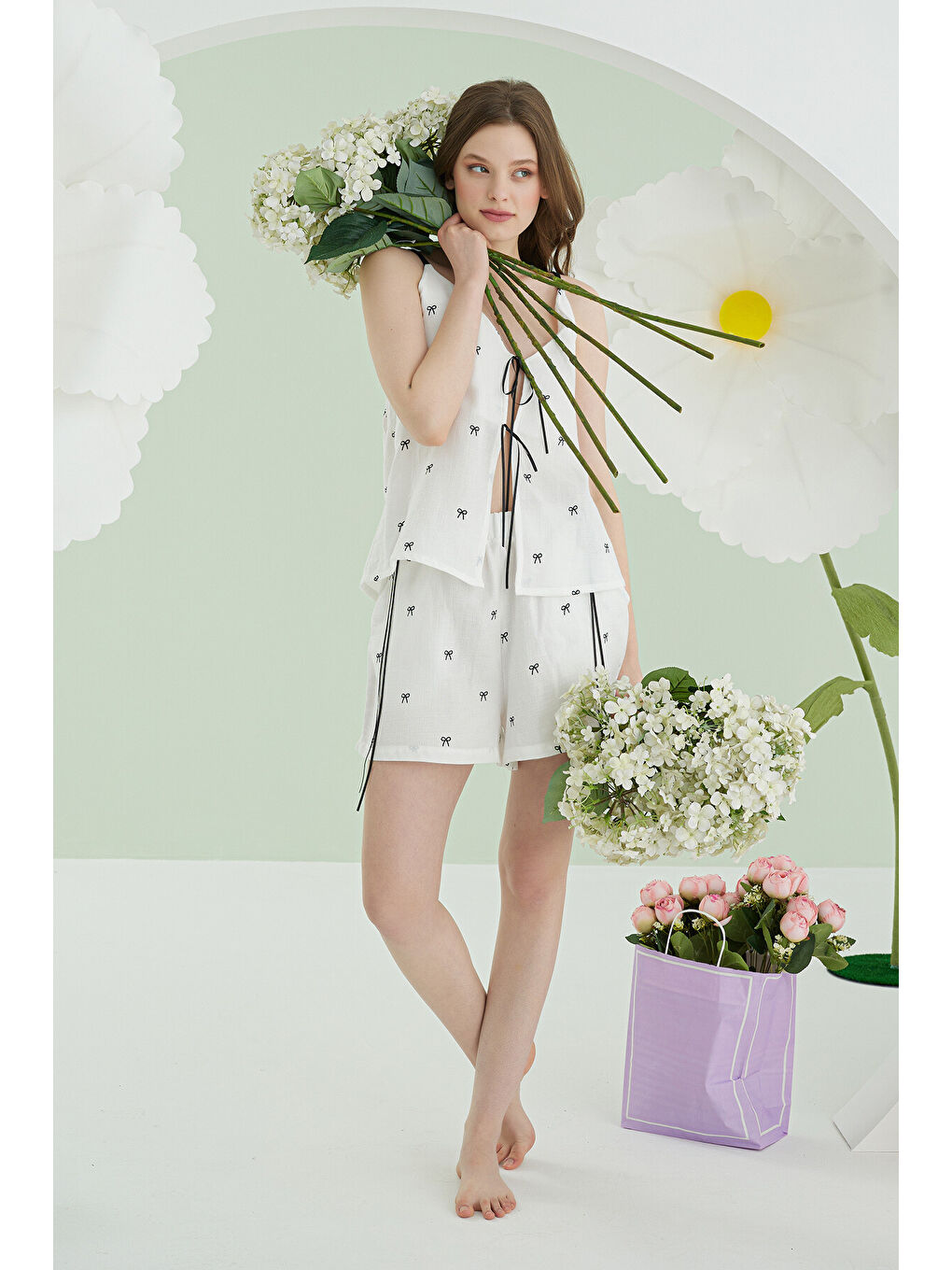 Ekru Kurdele Askılı Şort Takım-1