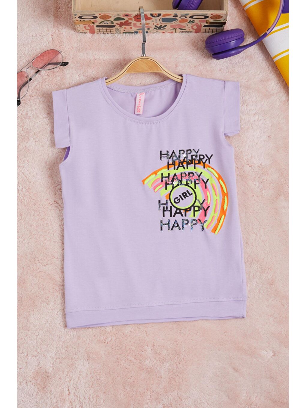 Lila  Nakışlı Kız Çocuk Tişört 15569