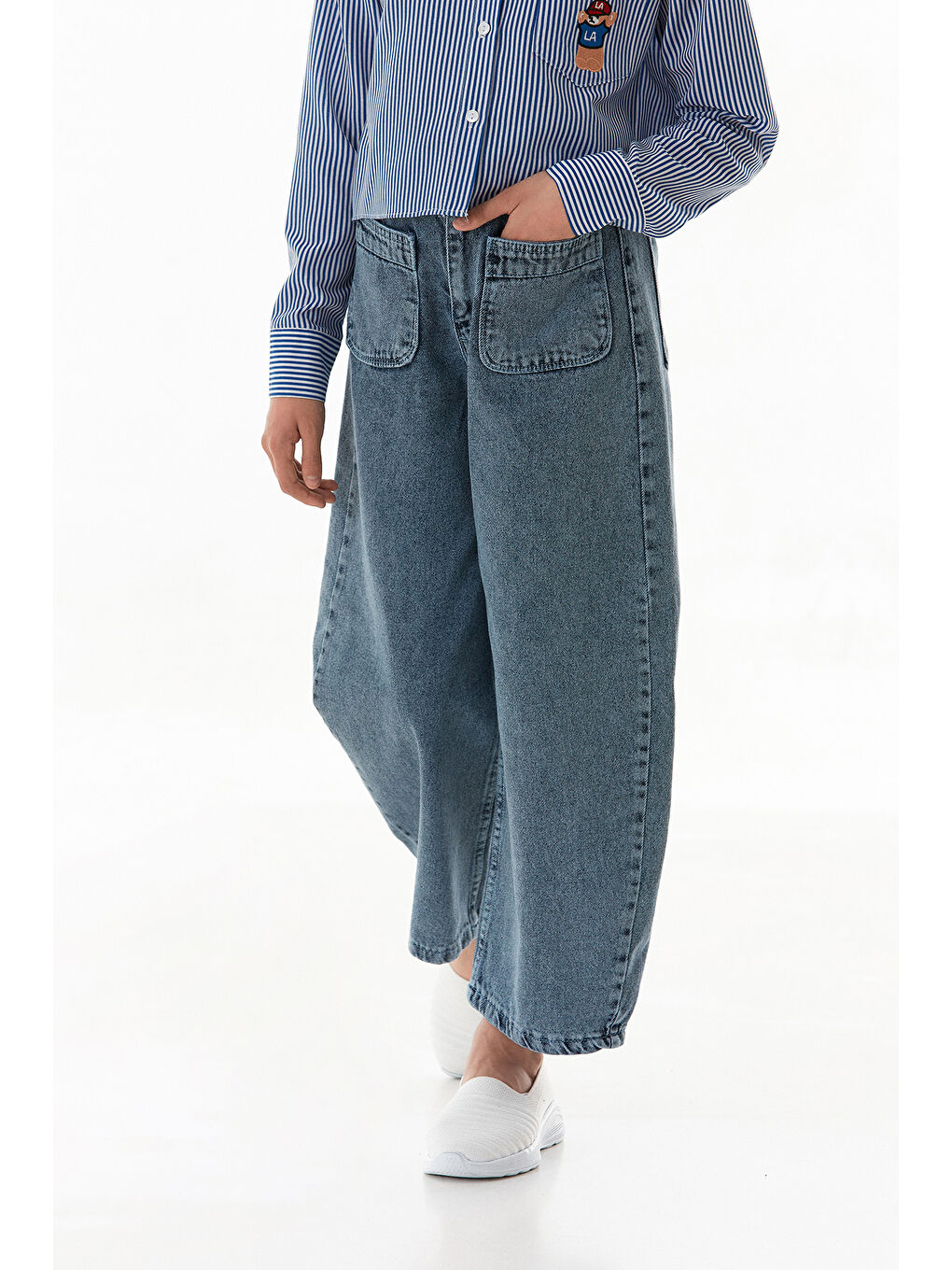 Mavi Çift Cepli Kız Çocuk Baggy Pantolon-1