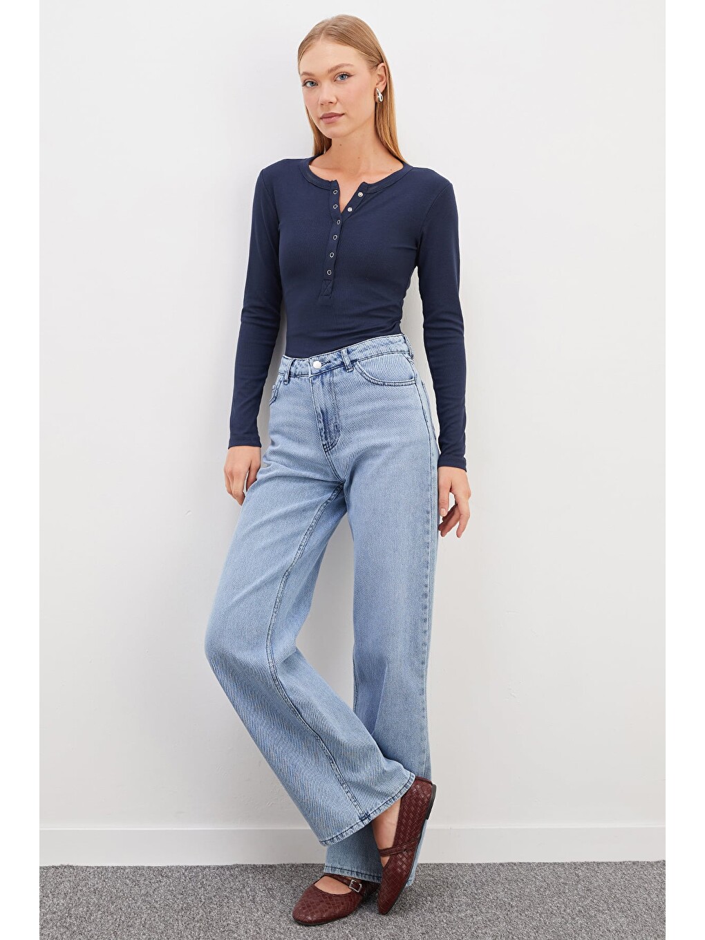Lacivert Yarım Çıtçıtlı Slim Fit Bluz-2