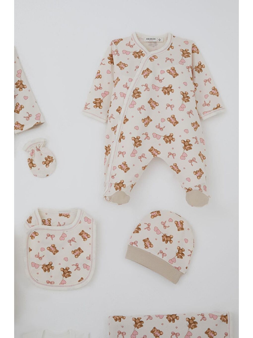 Kız Bebek Hastane Çıkışı 8 Li Sevimli Balonlu Ayıcık Desenli Ekru (0-3 Ay)-3