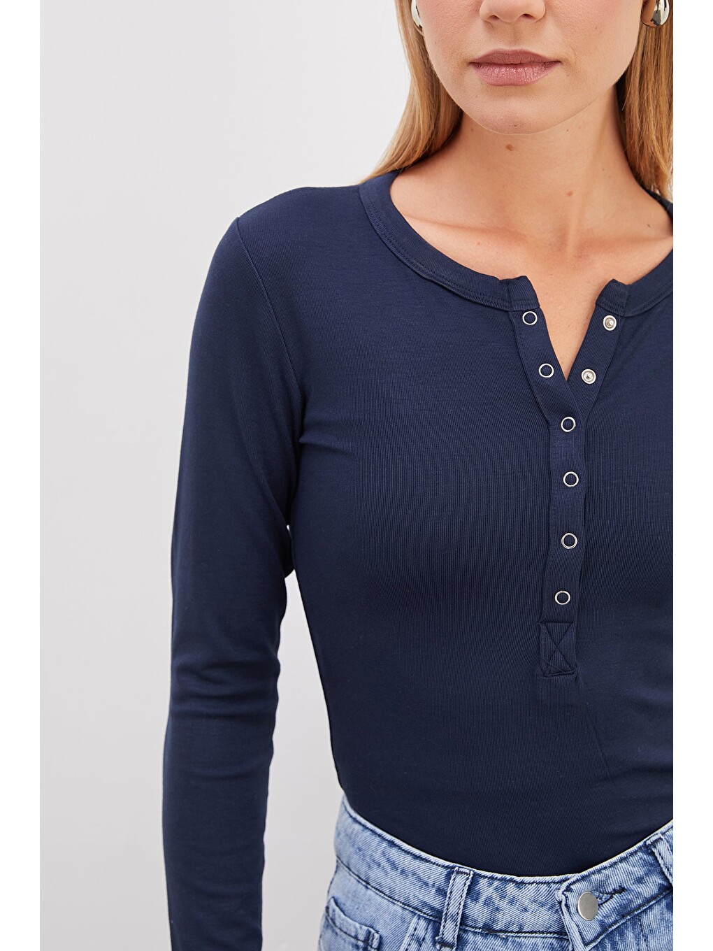 Lacivert Yarım Çıtçıtlı Slim Fit Bluz-3