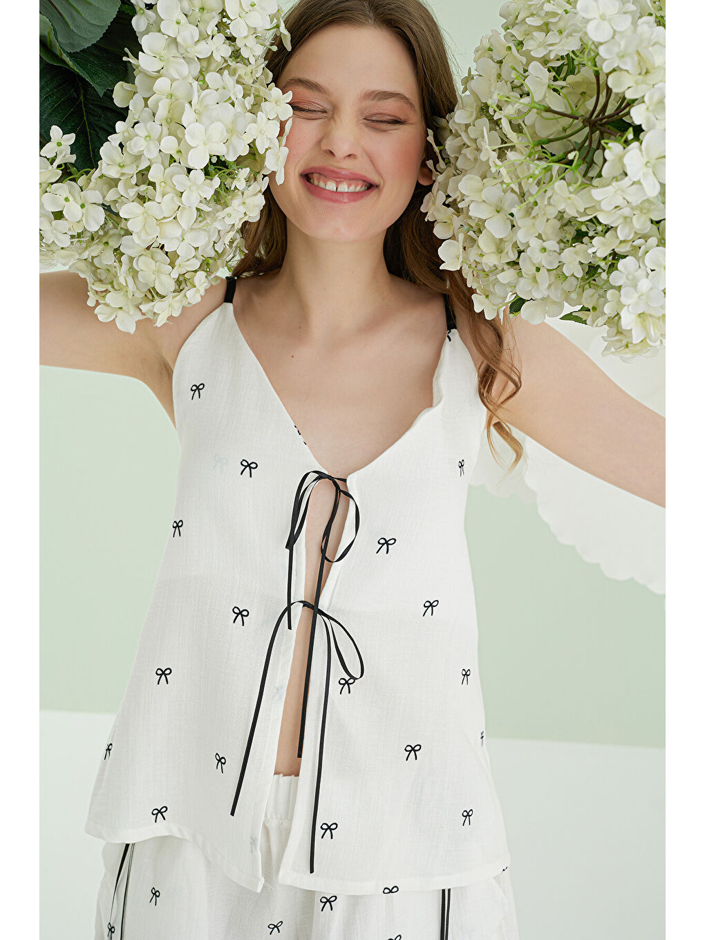 Ekru Kurdele Askılı Şort Takım-2