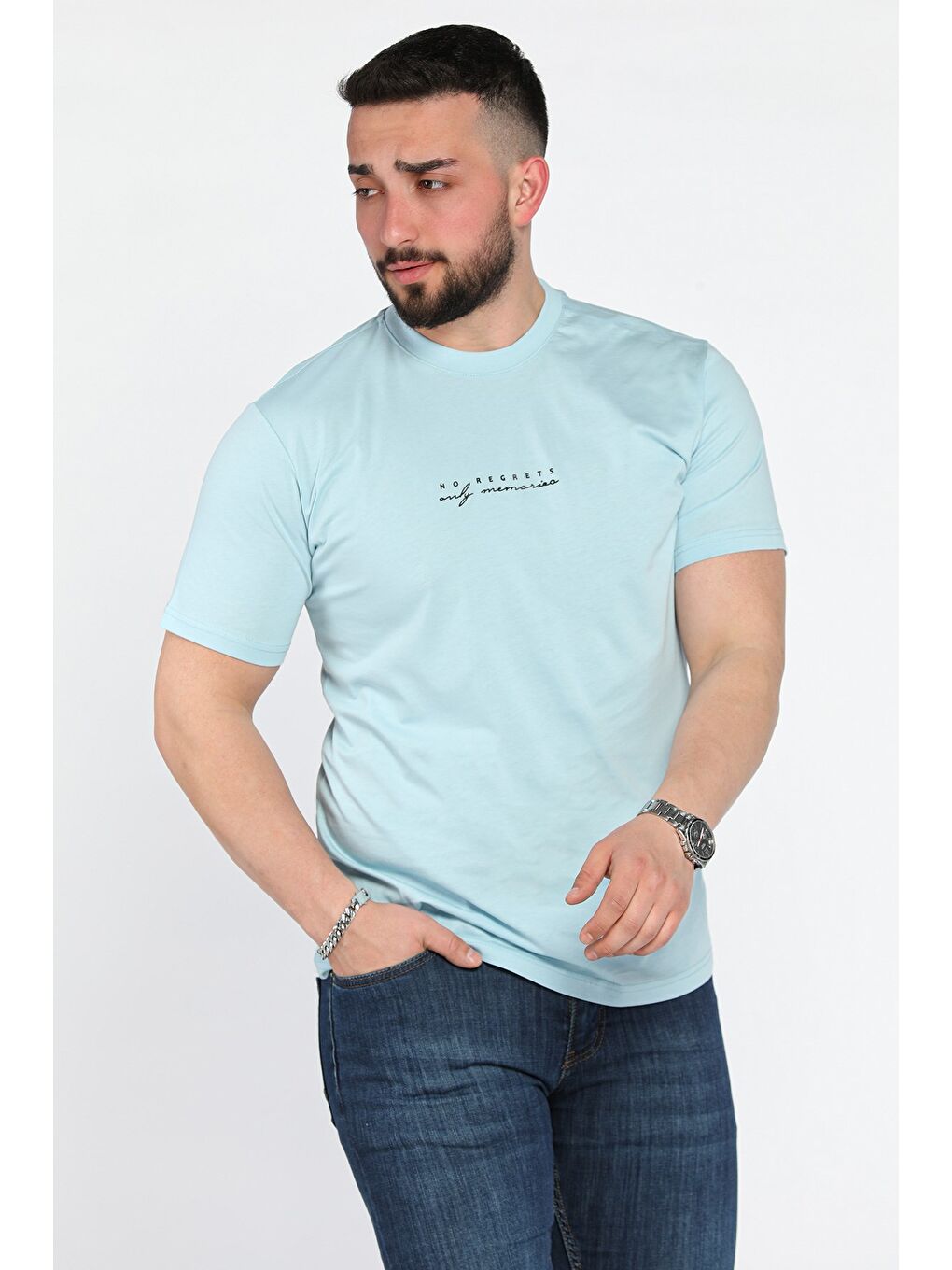 Yeşil Erkek Silikon Kabartma Yazı Baskılı Bisiklet Yaka Tişört