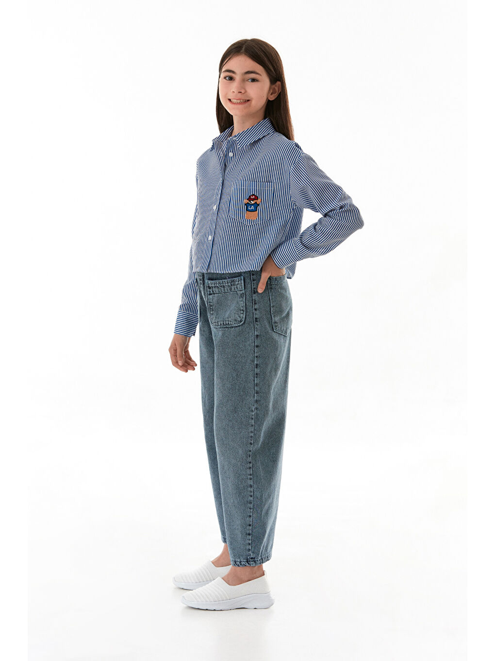 Mavi Çift Cepli Kız Çocuk Baggy Pantolon-2