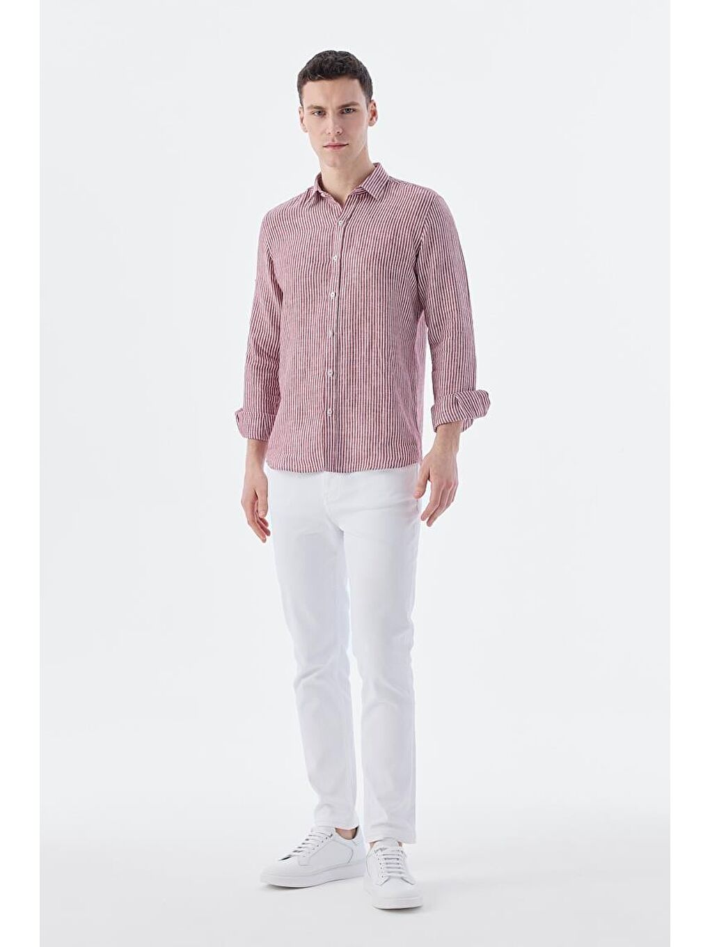 Bordo Comfort Fit Çizgilli %100 Keten Gömlek-1
