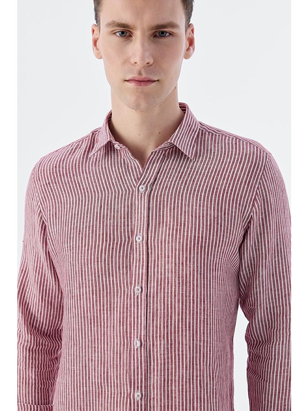 Bordo Comfort Fit Çizgilli %100 Keten Gömlek-2