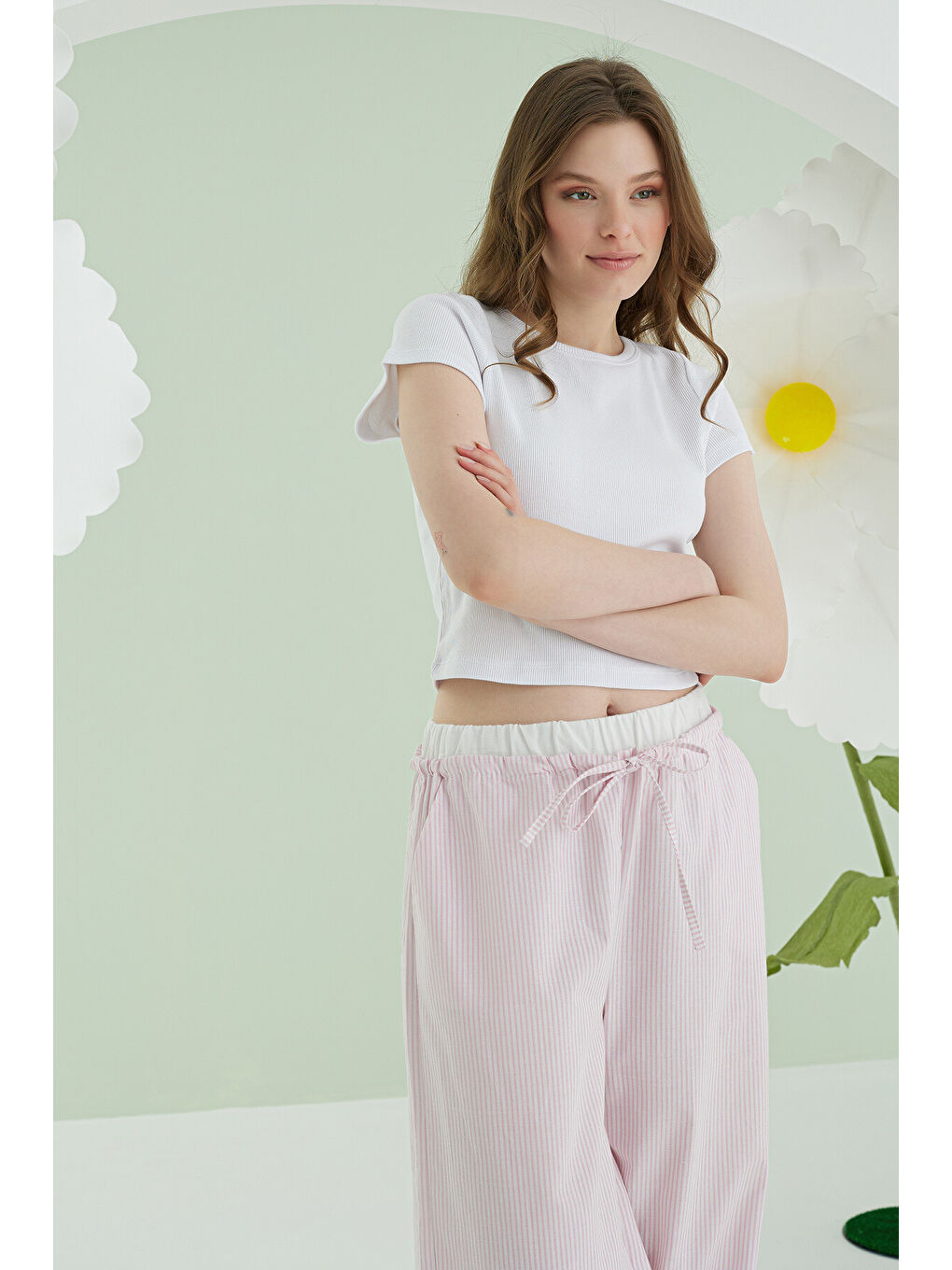 Pembe Crop Pijama Takım-1