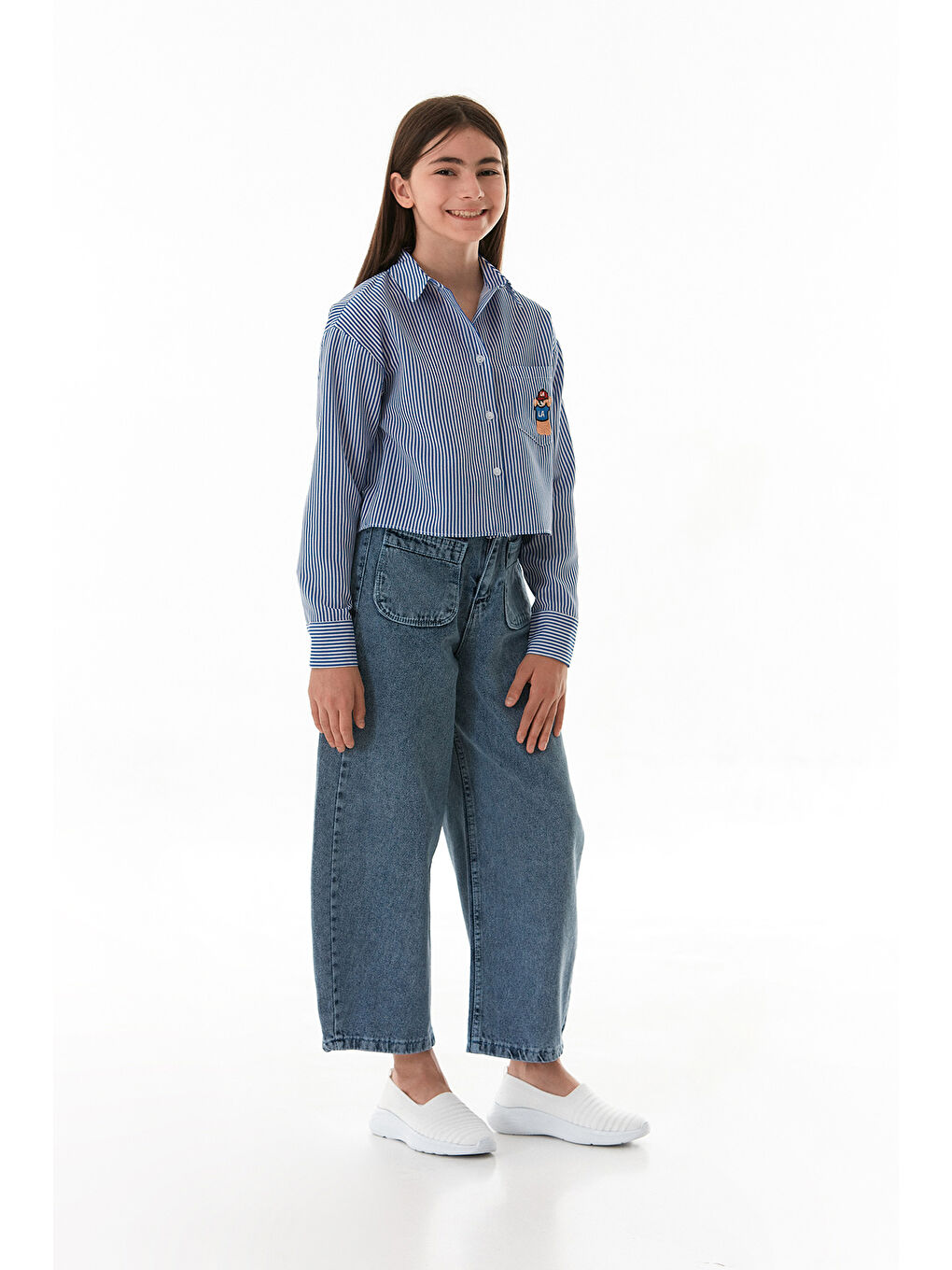 Mavi Çift Cepli Kız Çocuk Baggy Pantolon-4