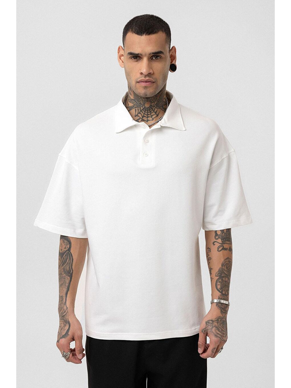 Basic Polo Yaka Oversize Tişört Ekru-2