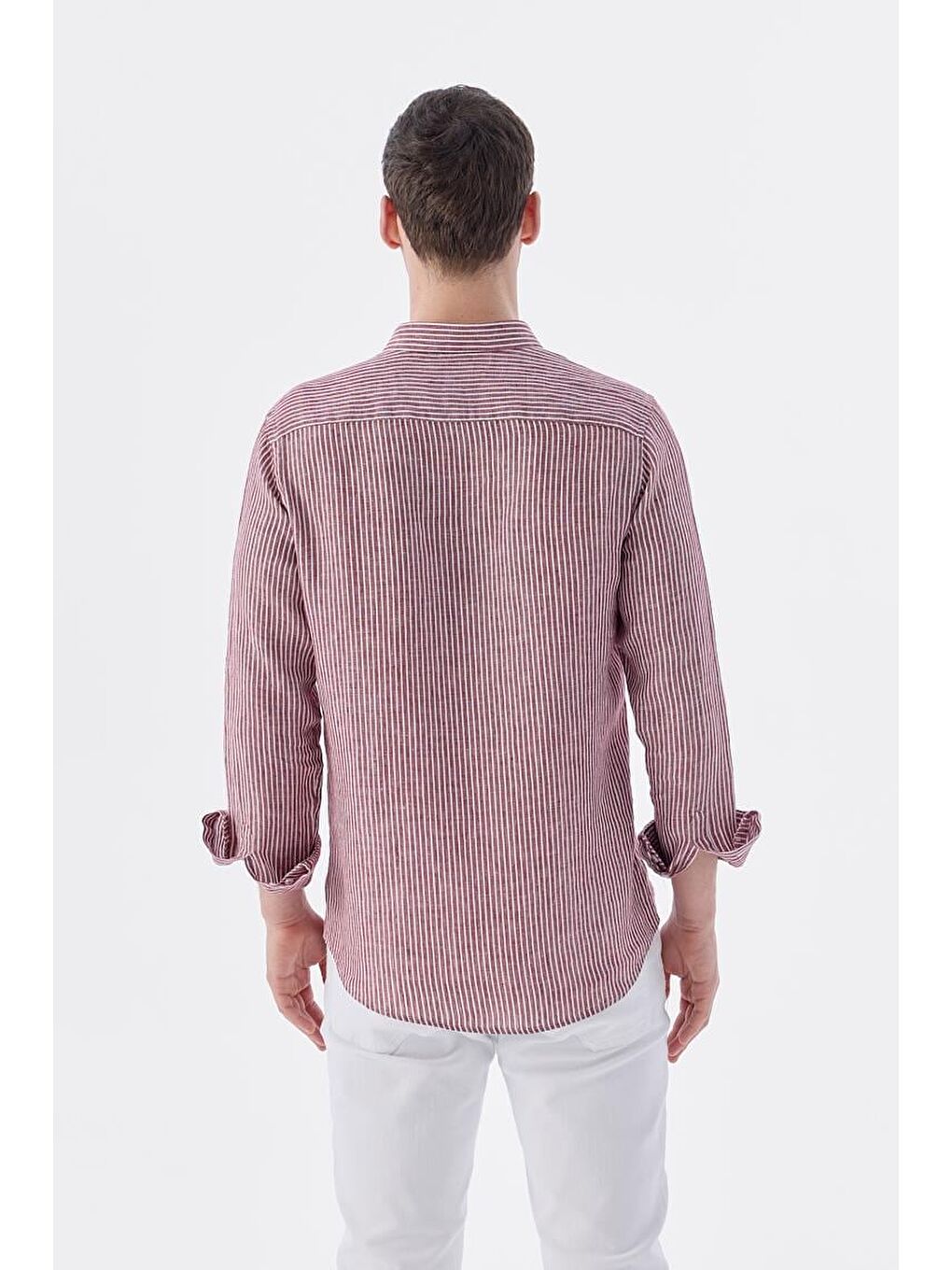 Bordo Comfort Fit Çizgilli %100 Keten Gömlek-3