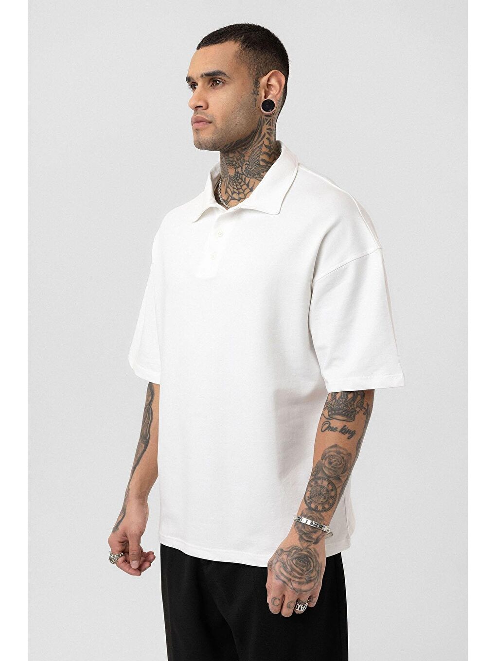 Basic Polo Yaka Oversize Tişört Ekru-3