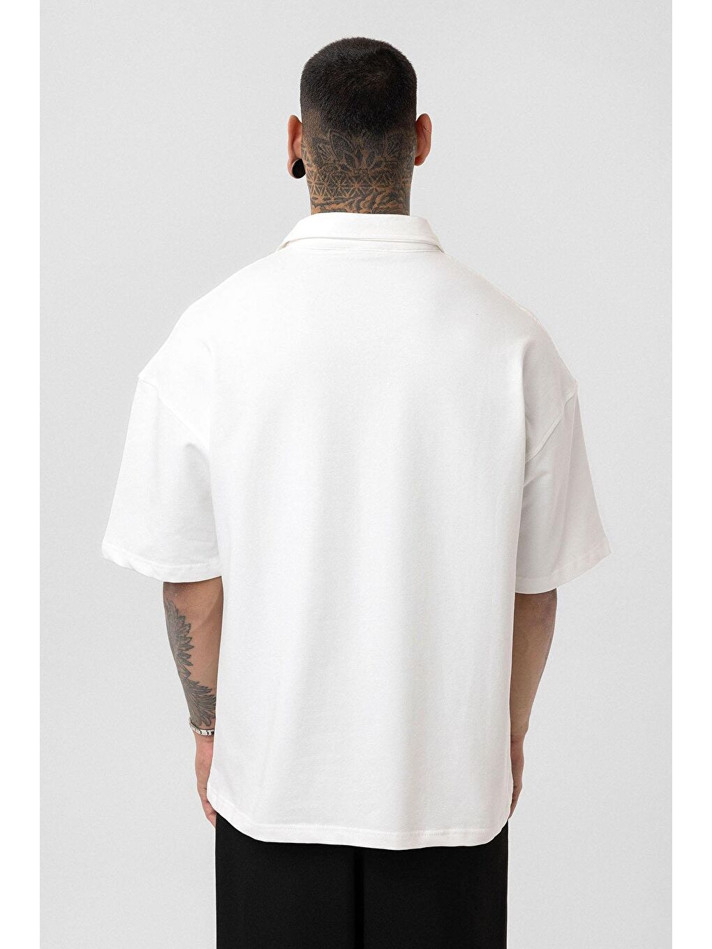 Basic Polo Yaka Oversize Tişört Ekru-4