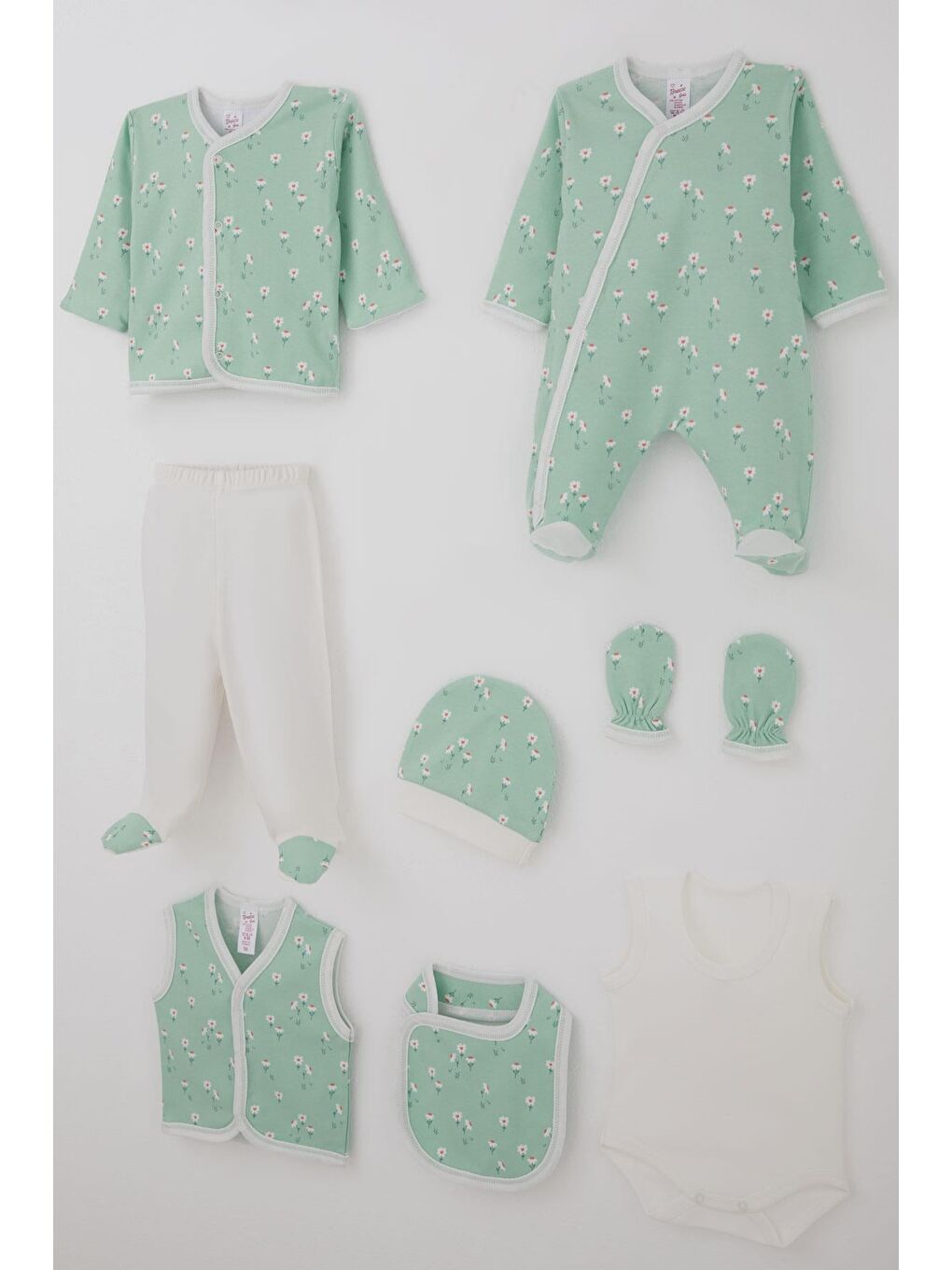 Turkuaz Kız Bebek Hastane Çıkışı 8 Li Bahar Temalı Papatya Desenli Su Yeşili (0-3 Ay)-1