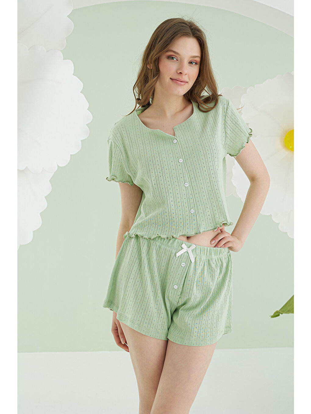 Yeşil Önden Düğmeli Crop Şort Takım-1