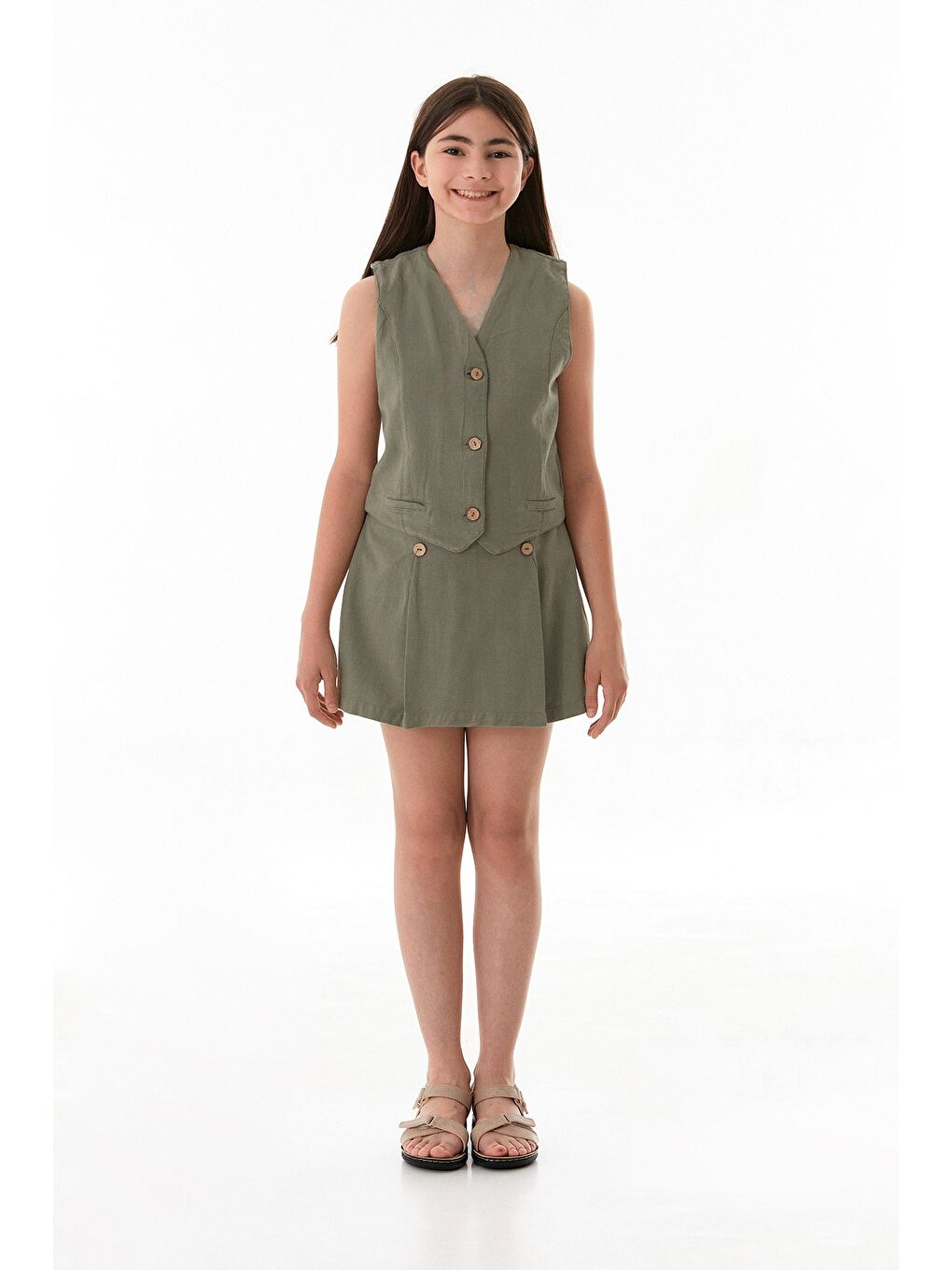 Haki Yelekli Kız Çocuk Şort Etek 2 Li Takım-1