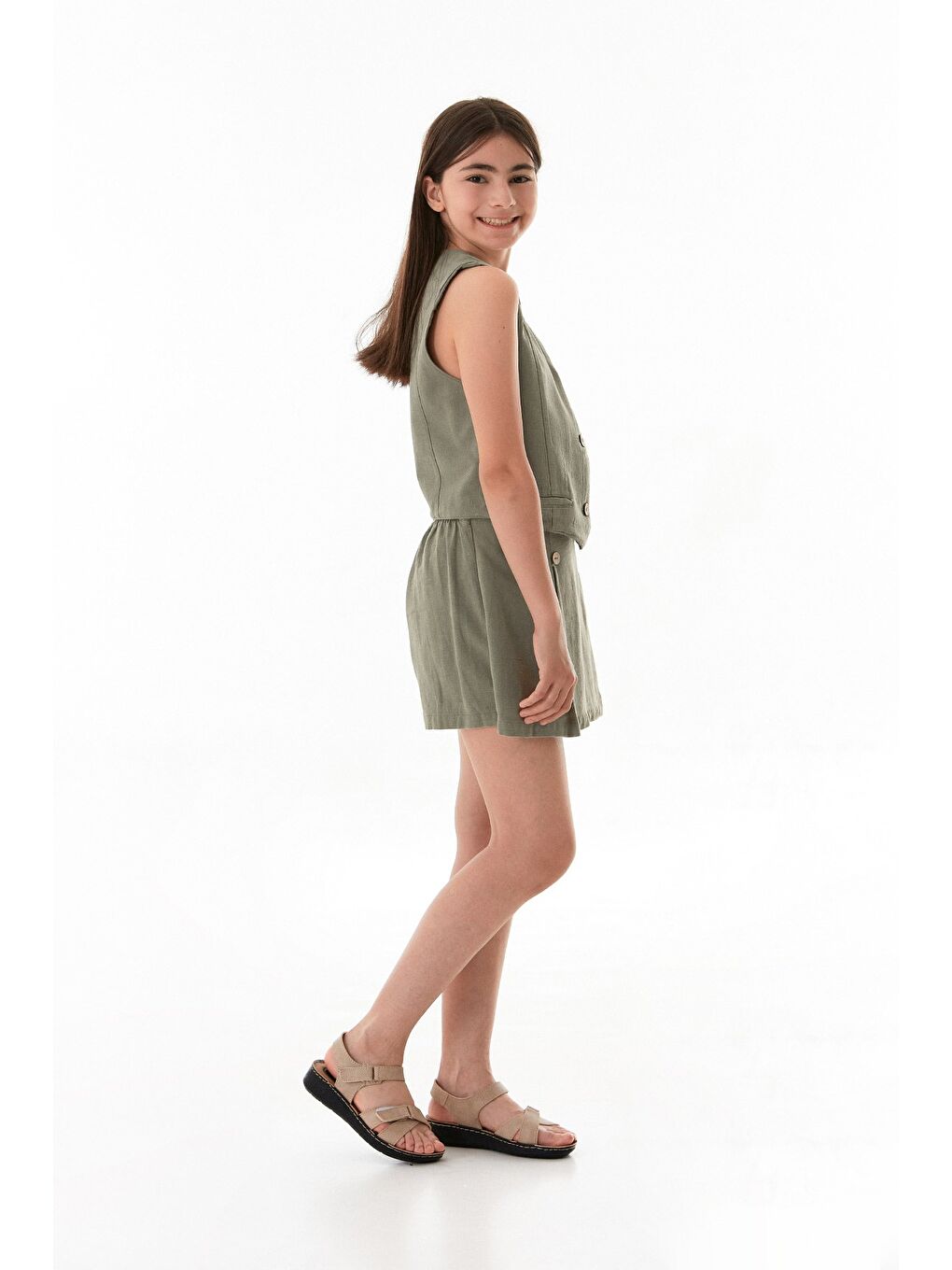 Haki Yelekli Kız Çocuk Şort Etek 2 Li Takım-2