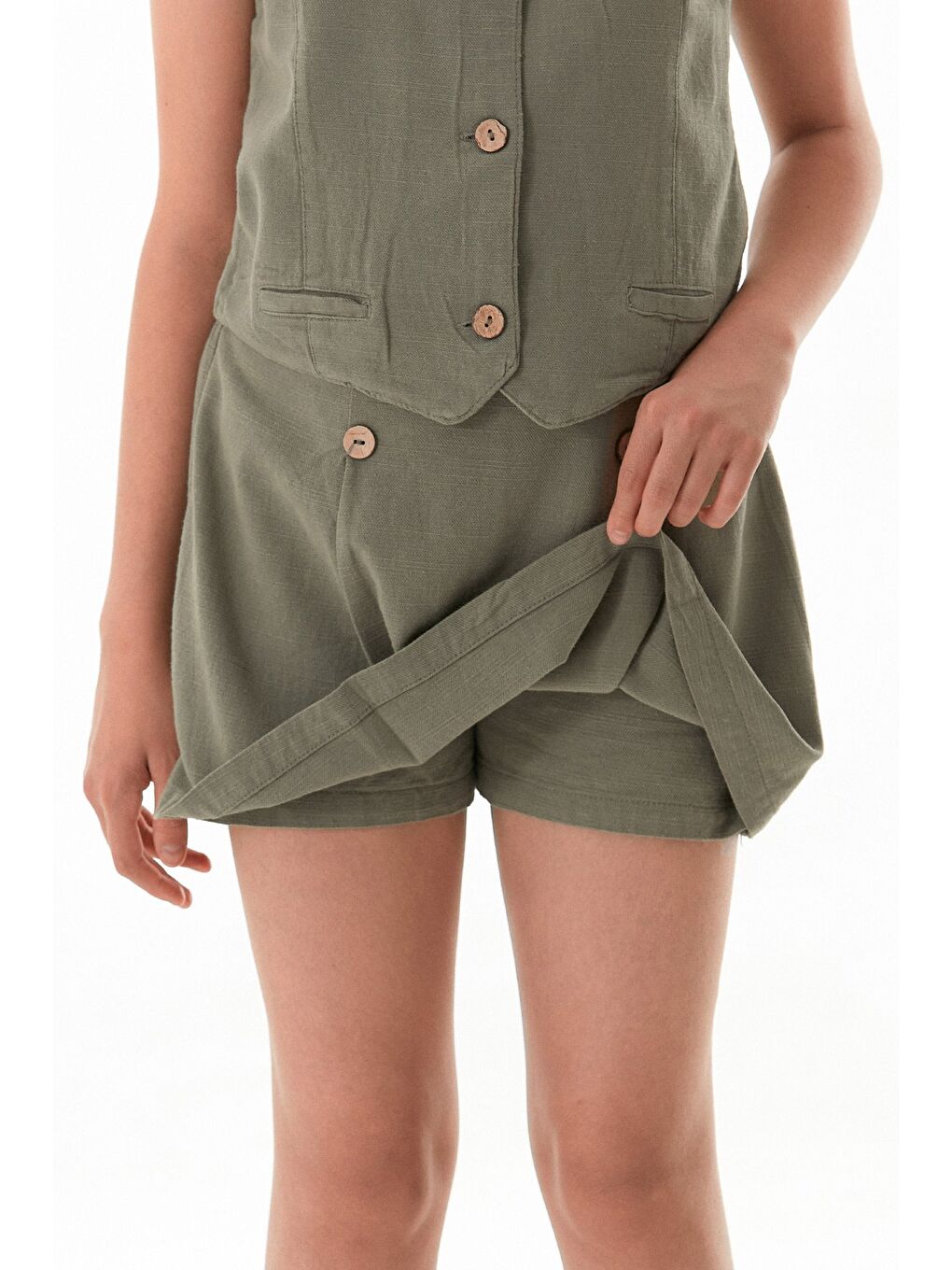 Haki Yelekli Kız Çocuk Şort Etek 2 Li Takım-3