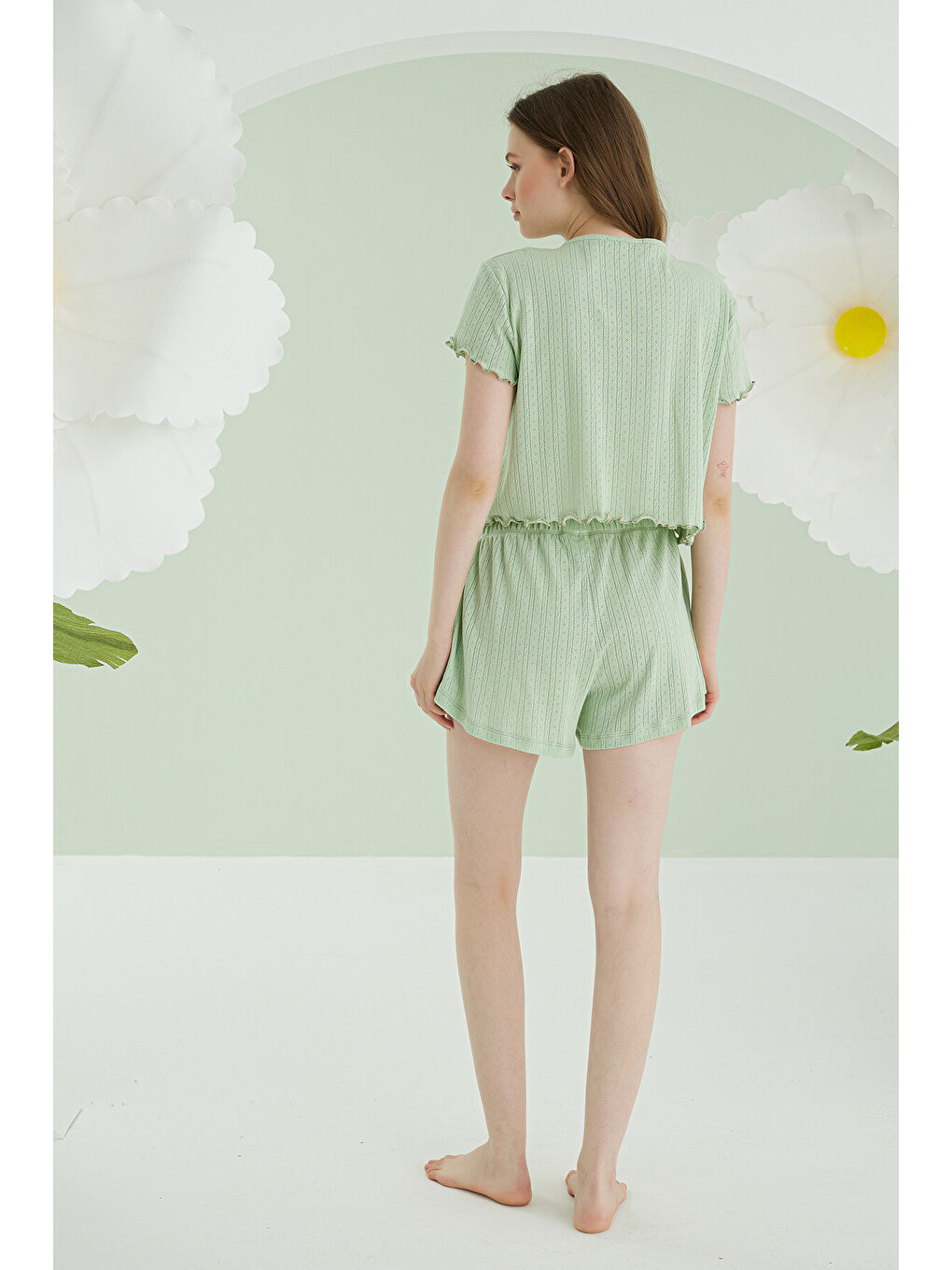 Yeşil Önden Düğmeli Crop Şort Takım-2