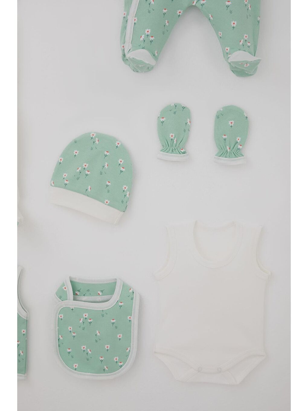 Turkuaz Kız Bebek Hastane Çıkışı 8 Li Bahar Temalı Papatya Desenli Su Yeşili (0-3 Ay)-5