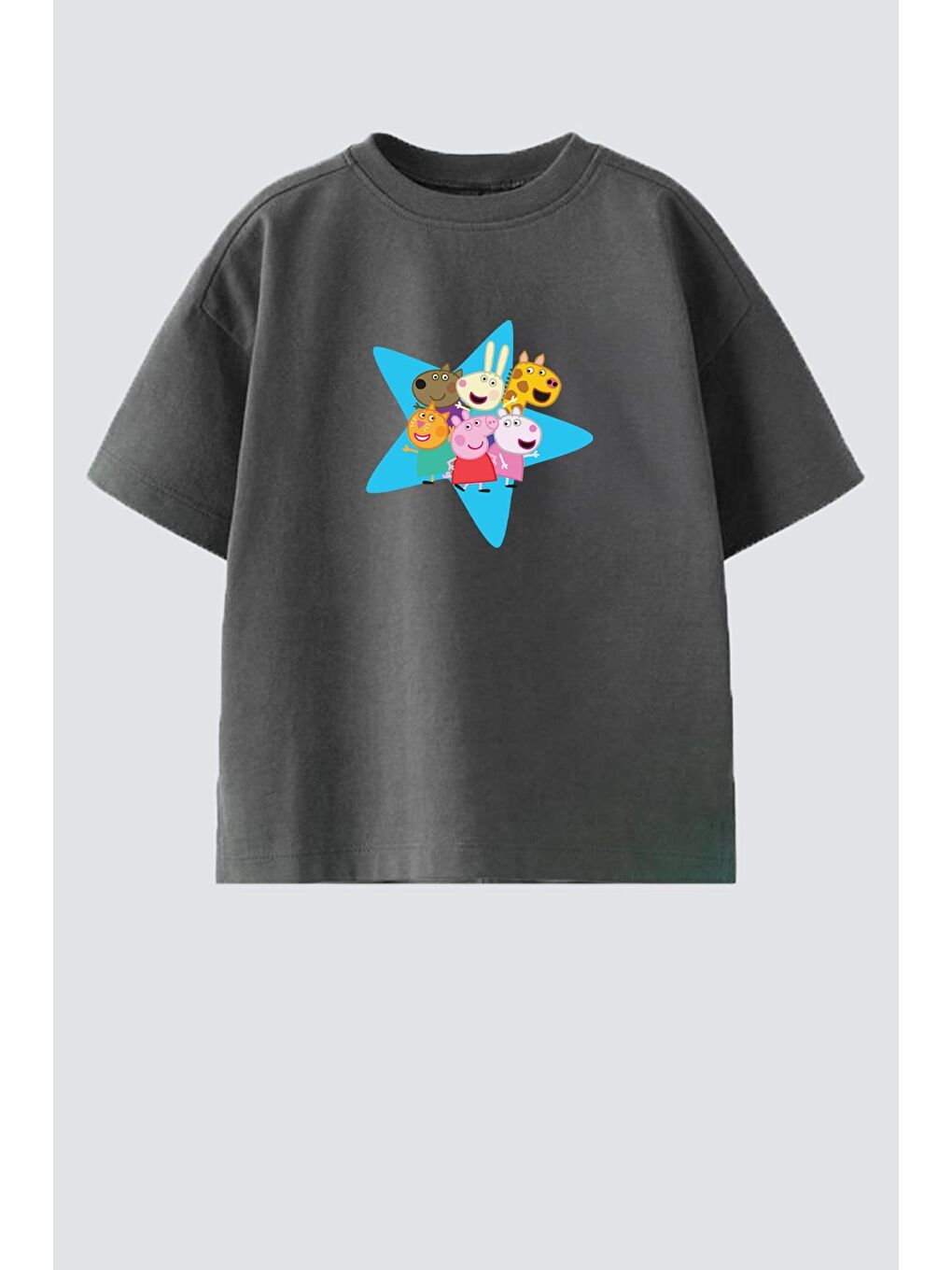 Antrasit Kız Çocuk Pamuklu Bisiklet Yaka T-Shirt