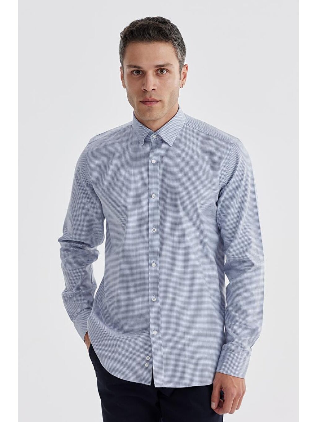 Lacivert Comfort Fit %100 Pamuk Piti Kare Gömlek-1