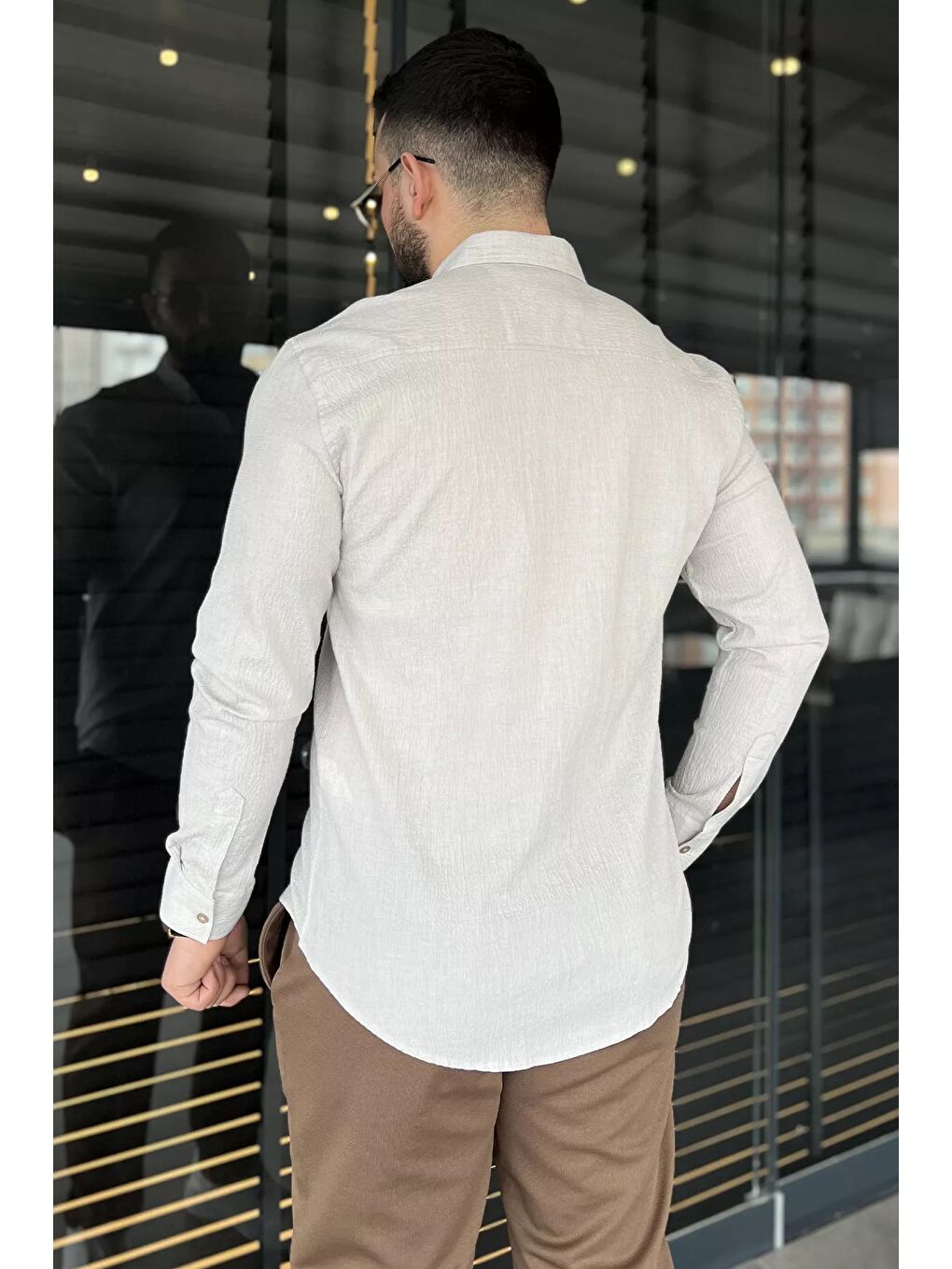 Bej Kendinden Desenli Erkek Uzun Kol Gömlek-1