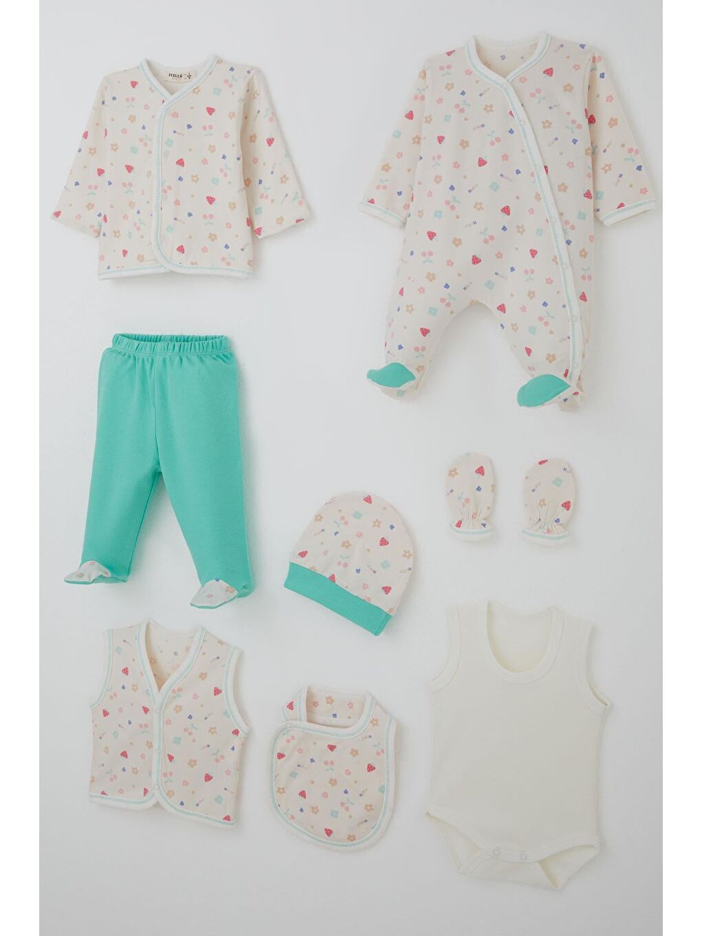 Ekru Kız Bebek Hastane Çıkışı 8 Li Çiçek Bahçesi Çilek & Kiraz Desenli Krem (0-3 Ay)-1